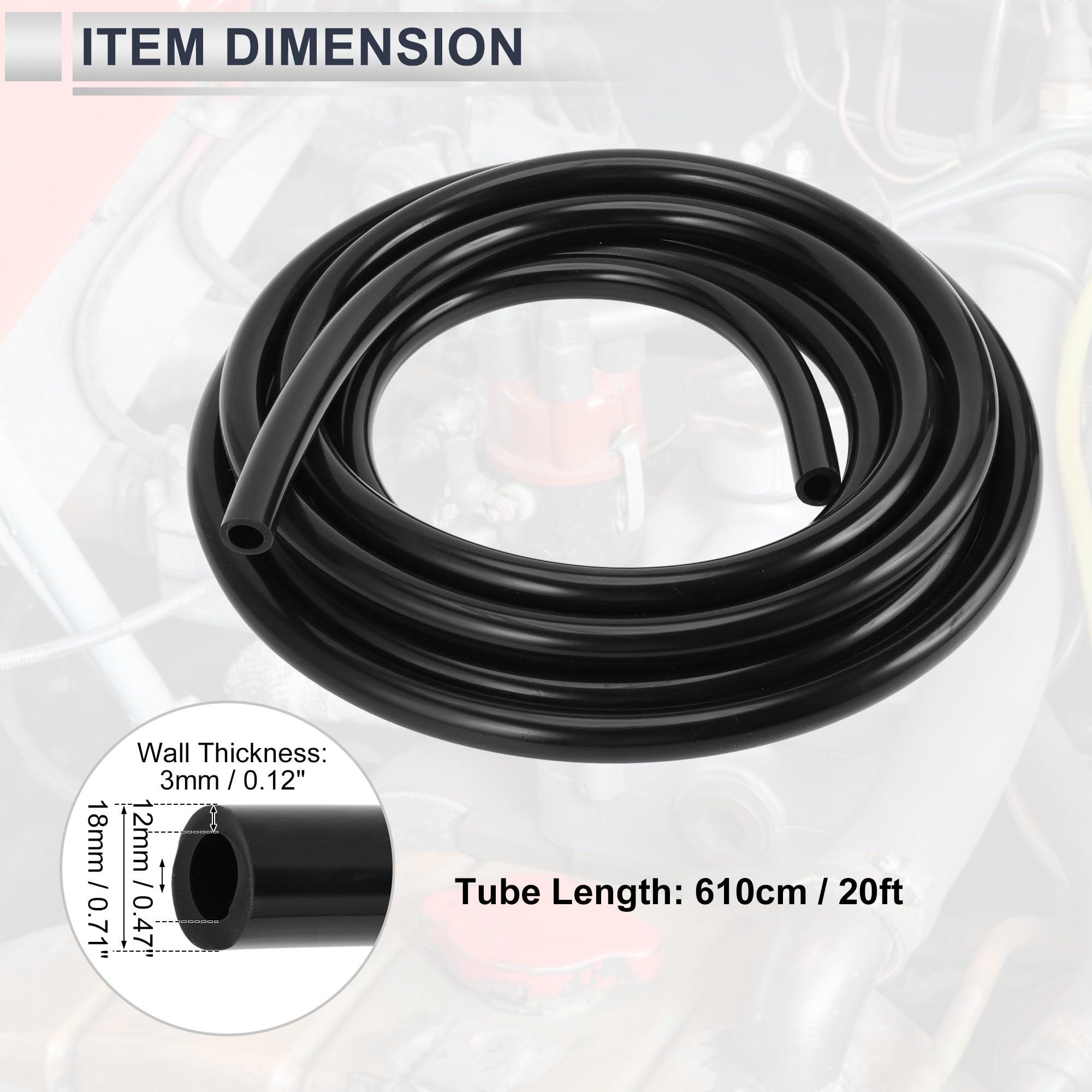 1 manguera de vacío universal de silicona para alta temperatura, 20 pies, 1/2 pulgada, 12 mm de diámetro interior, 3 mm de grosor, línea de vacío automotriz de presión máxima de 130 PSI,