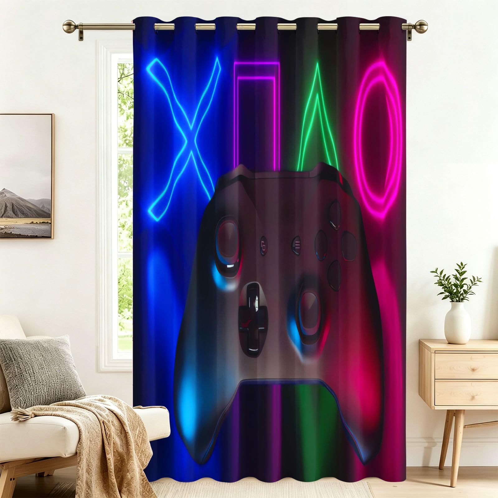 Fadaing Cyberpunk E-Sport Controller Curtains with Eyelets, Thermal Curtain, Heat Protection, 229 x 132 cm, Door Curtains, Thermal Protection, Outdoor, Cold Protection, Bedroom, Living Room, Window