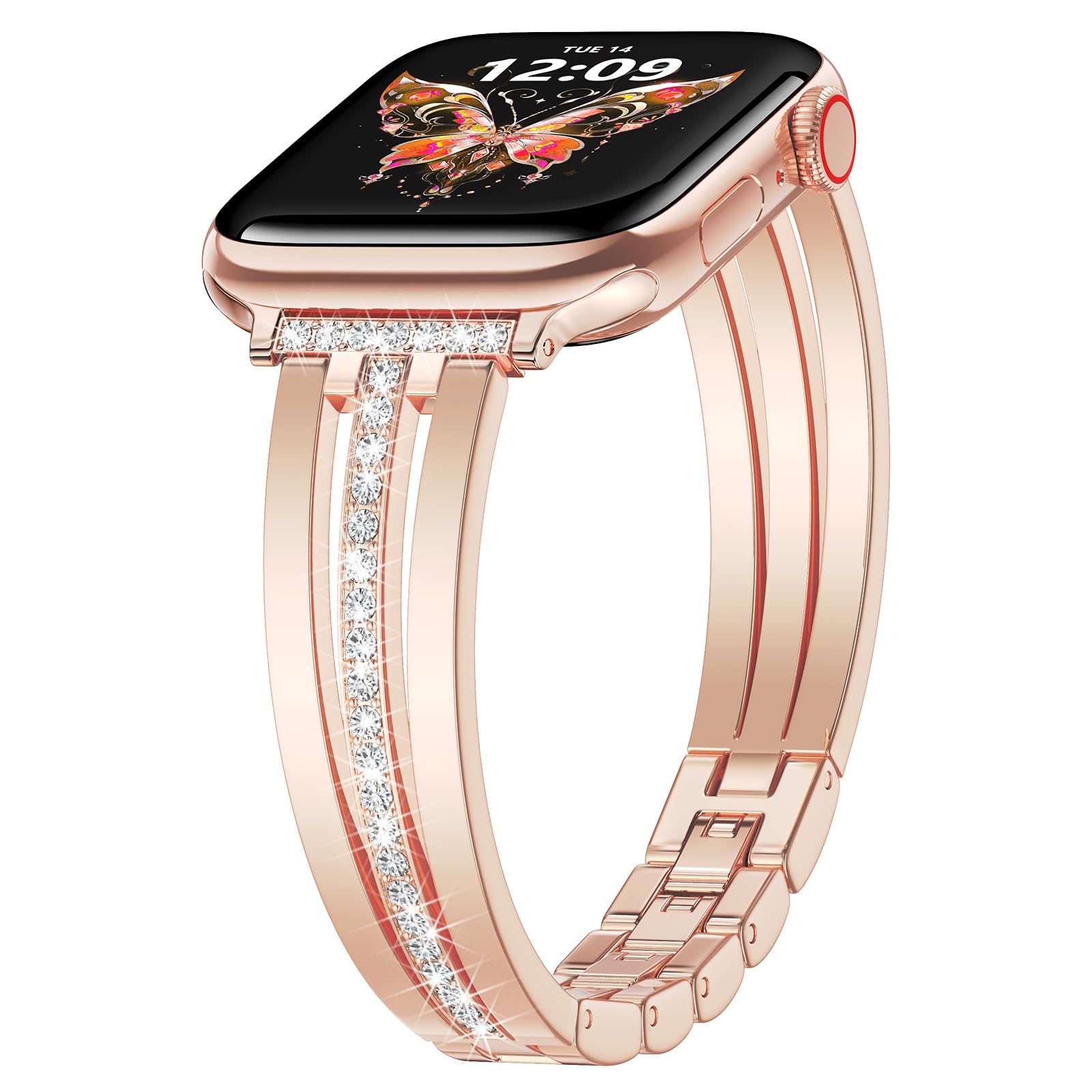 AIRSPO Slim Gold Band Compatible with Apple Watch 38mm 40mm 41mm 42mm 44mm 45mm 46mm Women Thin Metal Strap Dressy Jewelry Bracelet with Bling Diamond