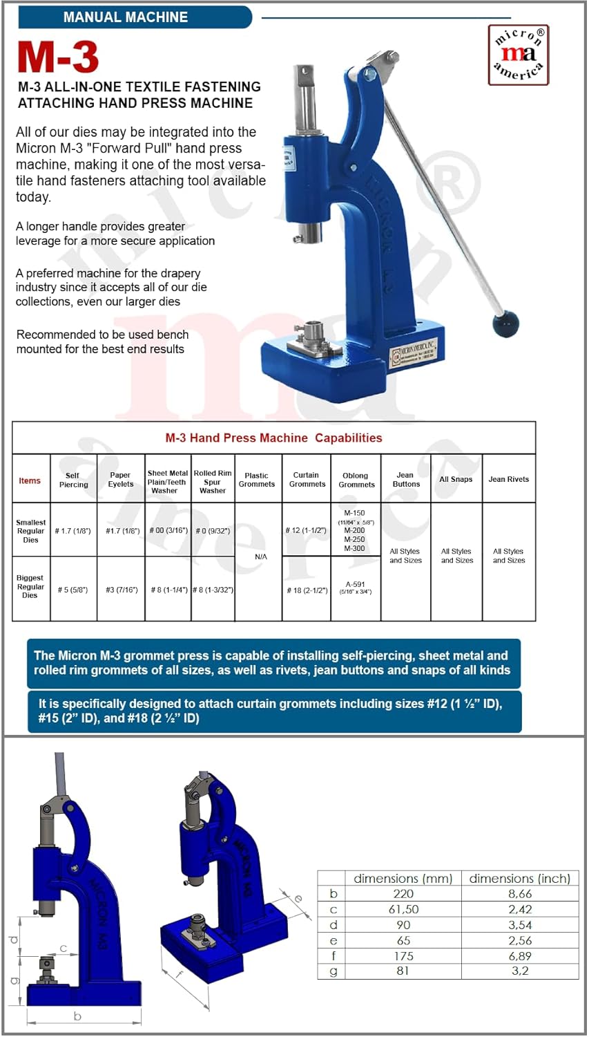 Micron M-3 Curtain Grommet Machine Kit, Including Heavy Duty Grommet Hand Press and #12 Round Curtain Grommet Dies