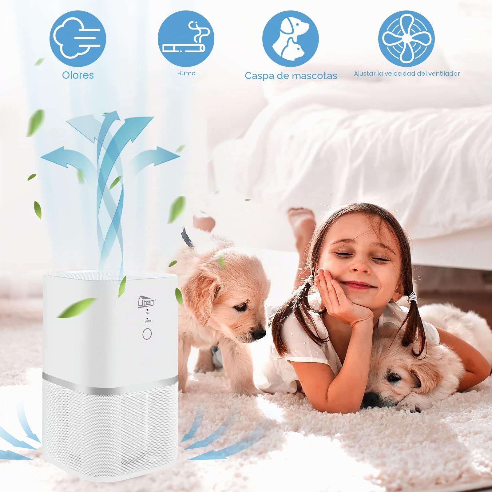 Purificador de aire para alérgicos, para habitaciones de fumadores con filtro HEPA, funcionamiento silencioso contra el polen fino polen y pelo de animales