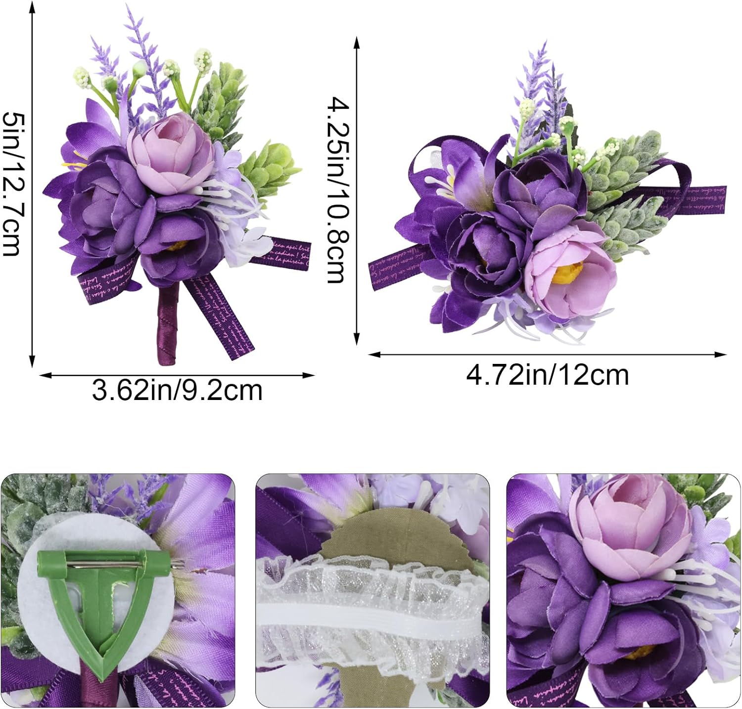 Yueton Purple Wrist Corsage and Boutonniere Set - Artificial Flowers for Wedding, Prom, Party - Bride and Groom Accessories - Image 2