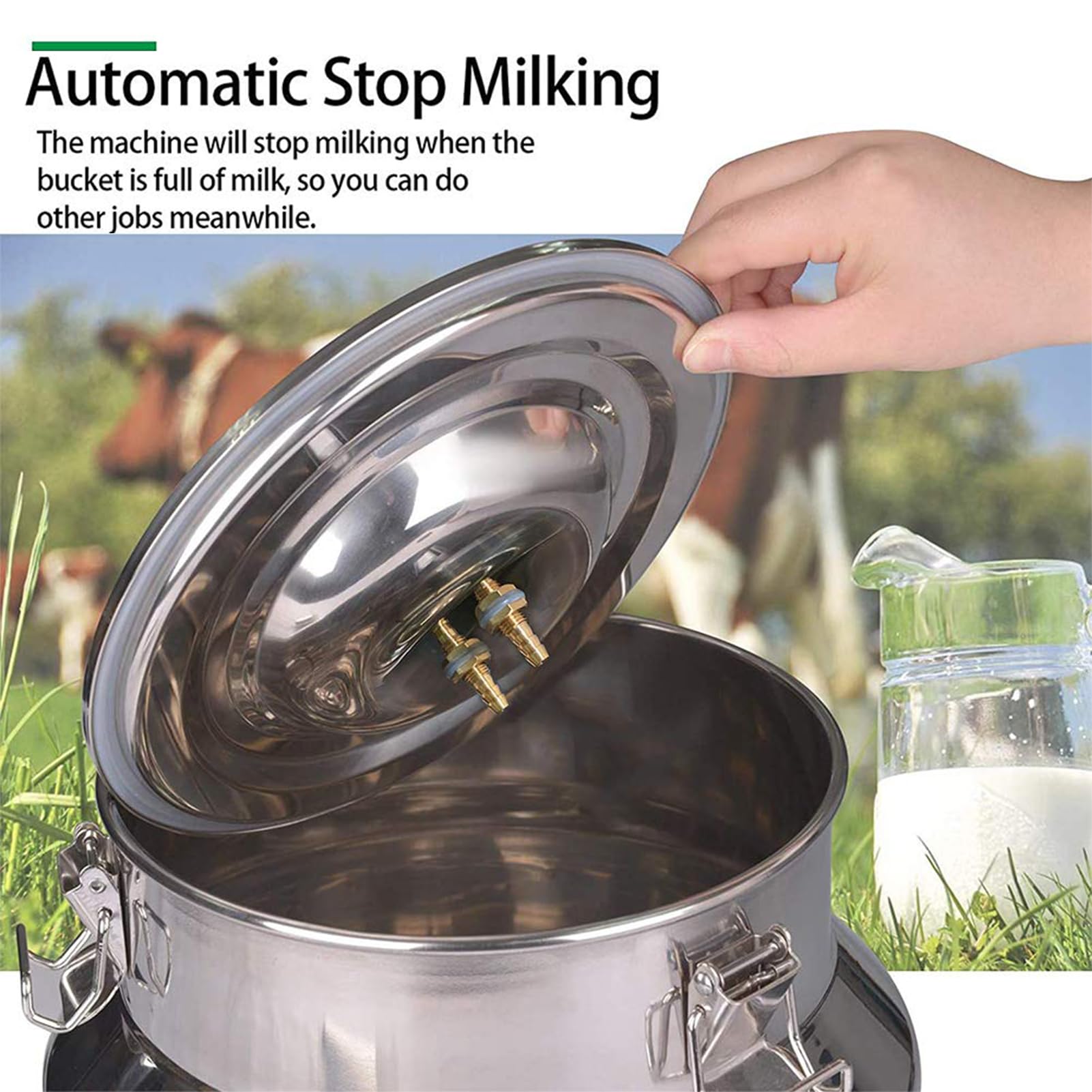 Mungitrice automatica portatile, pompa per latte sottovuoto a pulsazione con 2 tazze per tettarelle, secchio in acciaio inox per bovini e capre, capacità 5 l