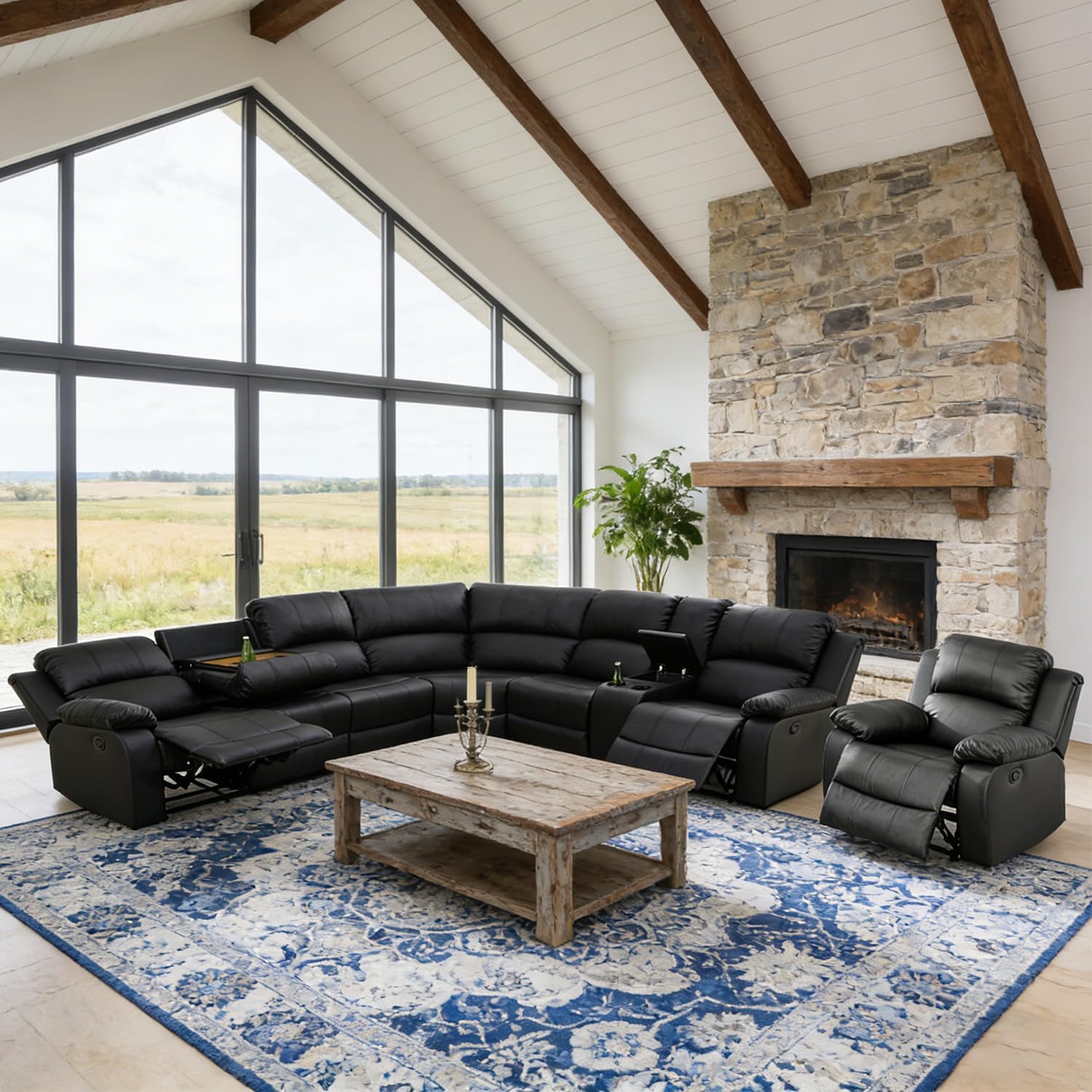 Manual Reclining Sectional Sofa Set, Living Room Furniture Sets, 6 Seats Leather Recliner Corner Sectional Couch with Cup Holders, Storage Console with Chair for Office/Home Theater (Black)