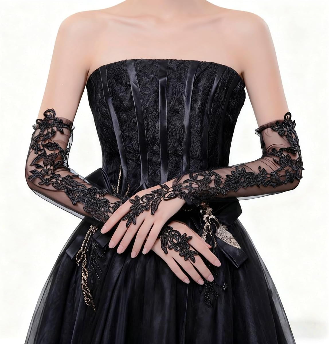 Specell Women's Long Lace Fingerless Gloves Sheer Mesh Tulle Elbow Length Gloves for Bridal Wedding Party Prom Dance Opera