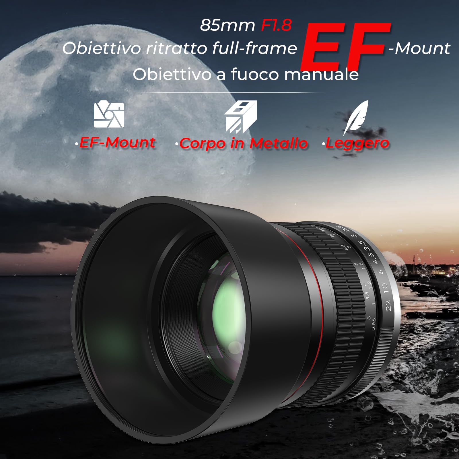 Lightdow EF Obiettivo 85mm F1.8 Manuale, Messa a Fuoco Manuale, Compatibile con Canon EF/EF-S, Corpo in Metallo, Full Frame, Leggero, per Canon EOS 90D 7D 6D 5D Mark II/III/IV, Rebel T7