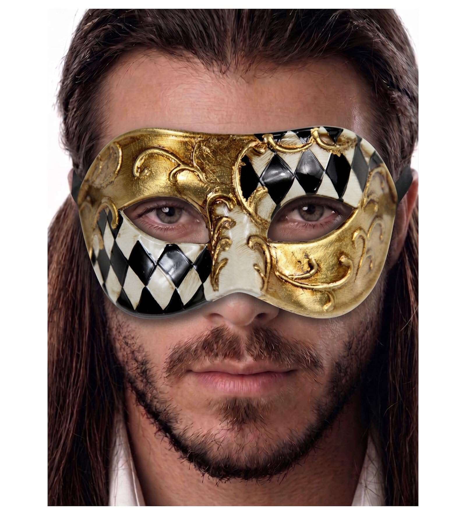 Luxury Mask Men's Vintage Design Masquerade Prom Mardi Gras Venetain One Size Black/Gold Half Checkered