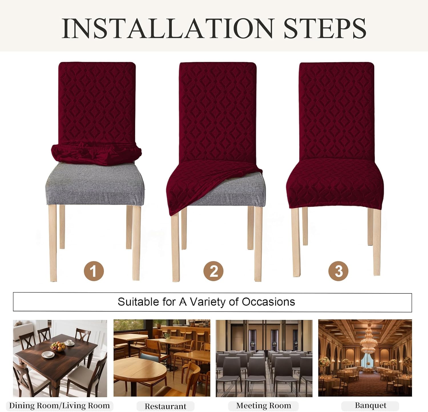 Genina Waterproof Chair Covers for Dining Room Set of 4, Removable Washable Chair Slipcover Protectors, Wine Red