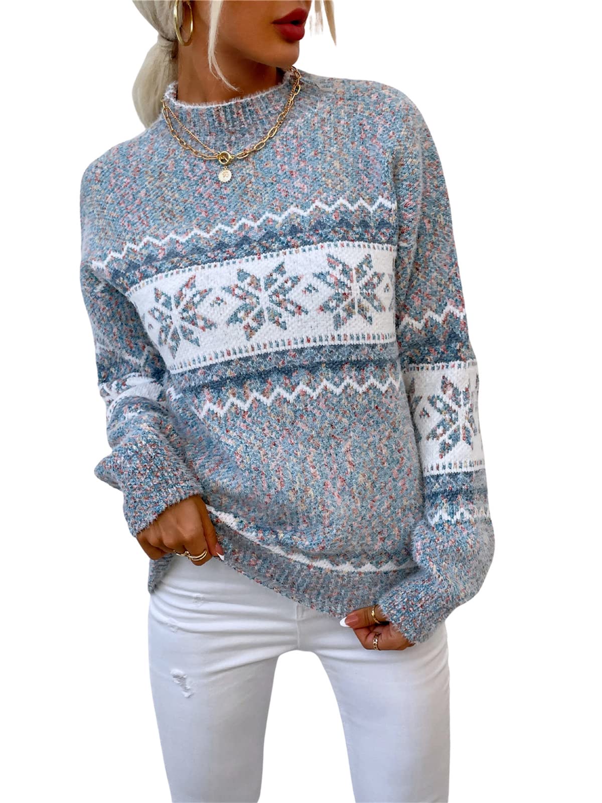 Womens Snowflake Christmas Sweater Casual Long Sleeve Knitted Pullover Sweaters Crewneck Loose Jumper Tops