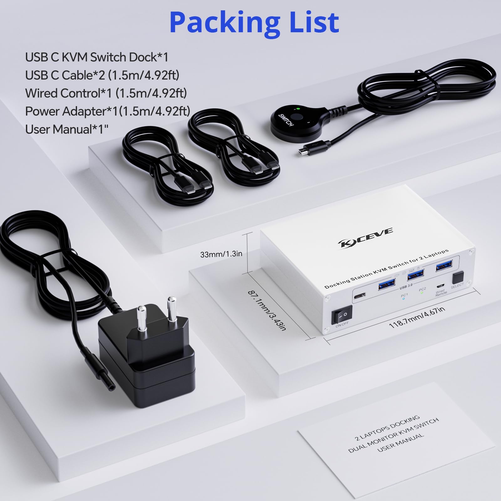 KVM Switch USB C Dock per 2 Laptops, KVM Switch 2 PC 2 Monitor USB-C HDMI, 4K@60Hz, MST, 80W PD, USB3.0, 5Gbps, Gigabit Ethernet, TF/SD Port, Wired Remote(4K USBC 2 in 2 out)