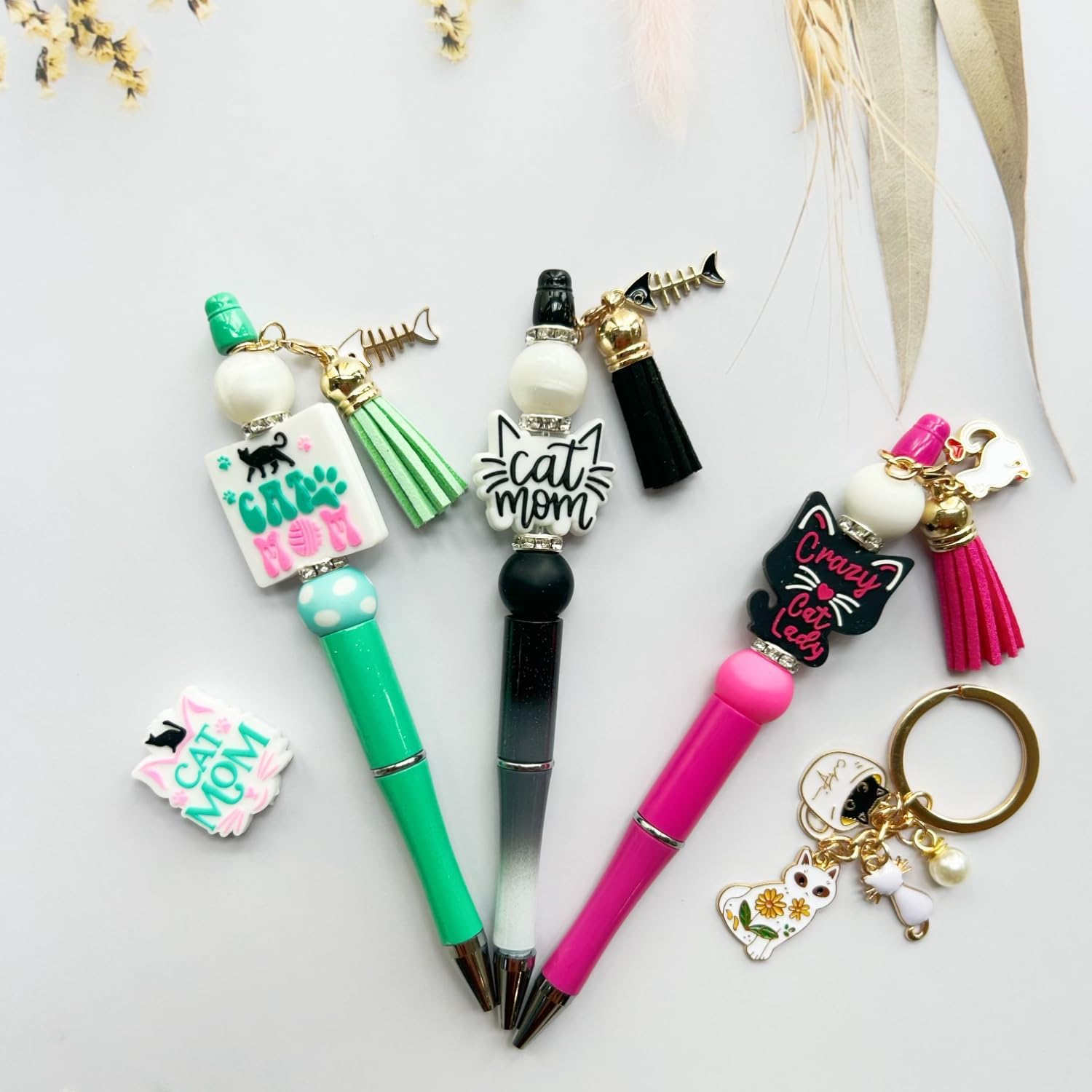 Cat Pet Themed Beadable Pens Bulk DIY Make Your Own Pen Making Supplies Kit with Silicone Focal Beads (Cat)