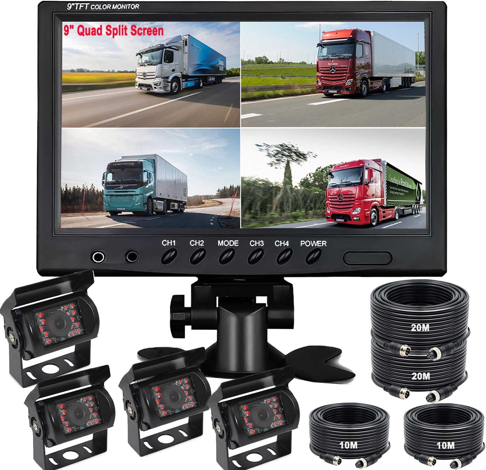 9 Inch Wired Reversing Camera Kit, 9 Inch HD 4-Split Screen Monitor with Waterproof Rear View Front View Rear View Camera Night Vision Reversing Camera for Truck/Semi-Trailer/Bus/Caravan