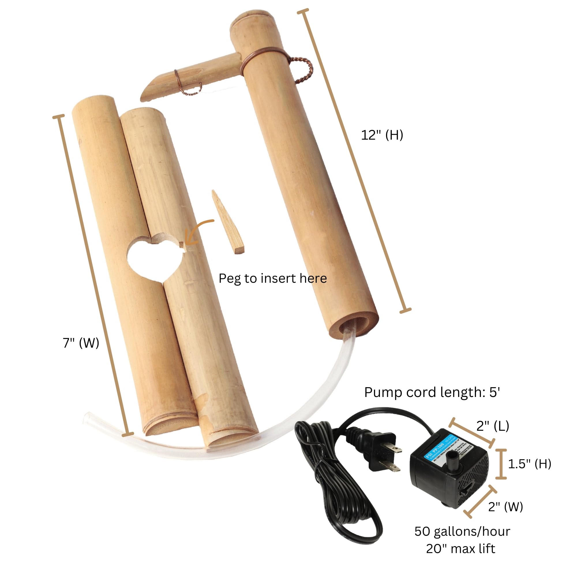 Bamboo Accents Kit de Fontaine de Jardin Zen - Bec Réglable Finition Mate Lisse - 220V Pompe Submersible - Fontaine à Eau Intérieure et Extérieure, Contenant Non Inclus (30 cm Demi-Ronds Réglables)