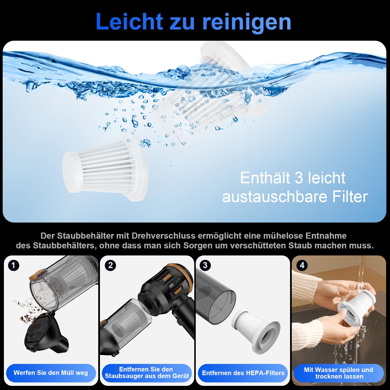 Handstaubsauger Akku, 26000 Pa 4-In-1 Mini Staubsauger Kabellos mit Digitalanzeige 1-Knopf-Selbstentleerung Autostaubsauger 6000mAh 3 Gang Einstellung für Auto, Bürotisch, Tierhaar, Sofa (Schwarz)