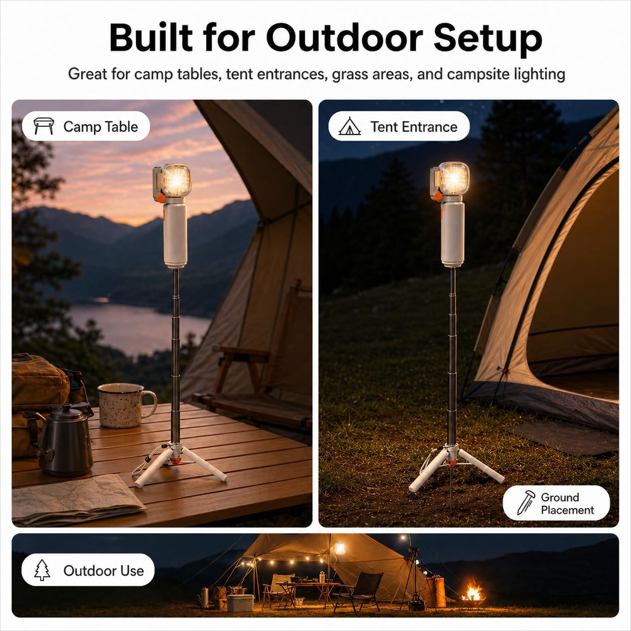 Tripod Stand for Camping Light, Portable Tabletop Stand with Built-In Ground Spike, Screw-Fixed Removable Stake, Plastic & Aluminum