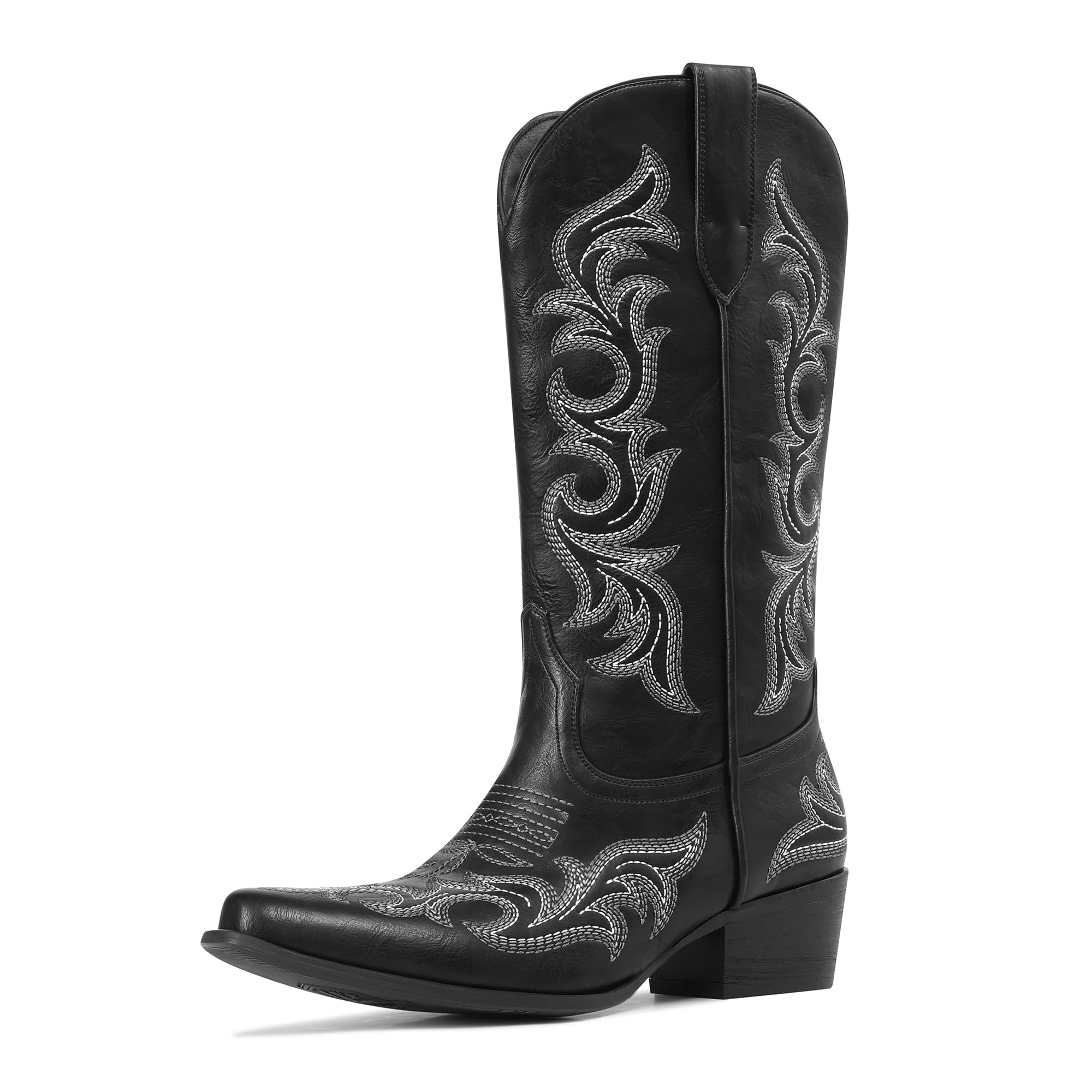 Ouepiano Cowboy Boots for Women Cowgirl Mid Calf Western Embroidered Chunky heels Pointed Toe Pull On Vintage Fashion Country Boot