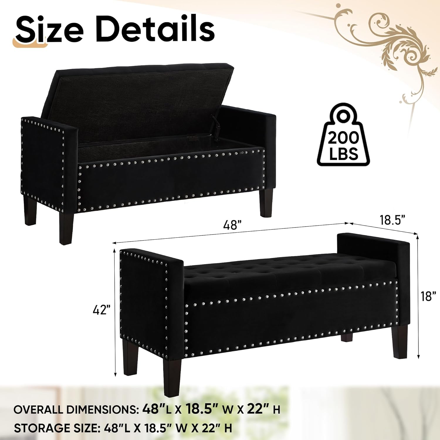 Storage Bench for Bedroom End of Bed, Modern Velvet Ottoman Bench with Storage and Seating, Button-Tufted Padded Seat for Entryway Living Room Furniture, Under Window Seat (Black, 48 Inches)