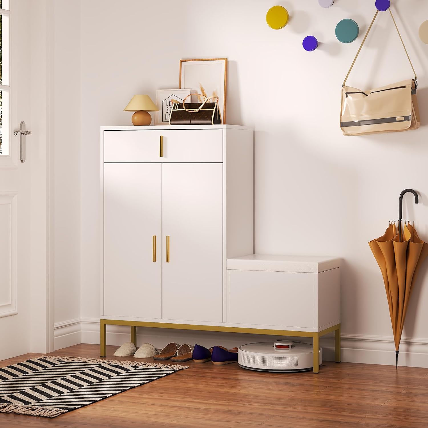 HedoAjim L-Shaped Shoe Storage Cabinet with Bench, Entryway Shoe Cabinet with Drawer, Modern Freestanding Shoes Organizer Cabinet for Entryway Hallway Front Door, White