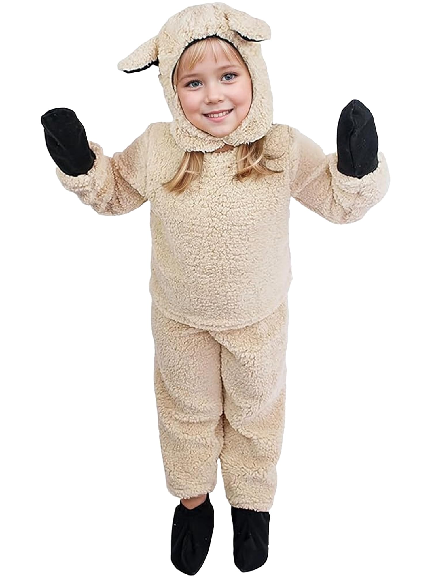 Anuedgis Cute Kids Sheep Costume Fuzzy Lamb Outfit with Hat Gloves Socks for Farm Animal Cosplay Theme Party & Dress Up (Apricot Sheep