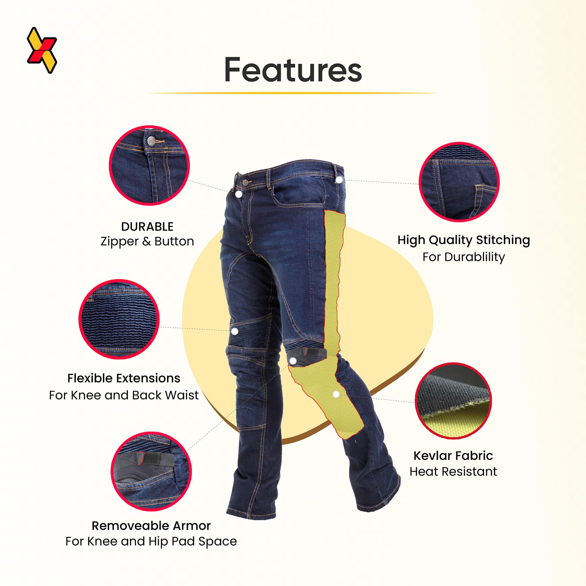 Juicy Trendz Męskie spodnie motocyklowe, opancerzone dżinsy jeździeckie z ochraniaczami na biodra i kolana, aramidowa podszewka ochronna Adventure Touring Pant