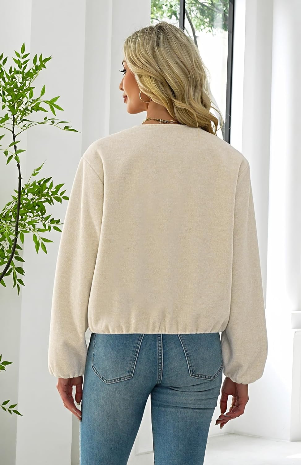 Womens Wool Blend Bomber Jackets Fall Winter Cropped Zip Up Coat Hoodless Outwear with Pockets - Image 5