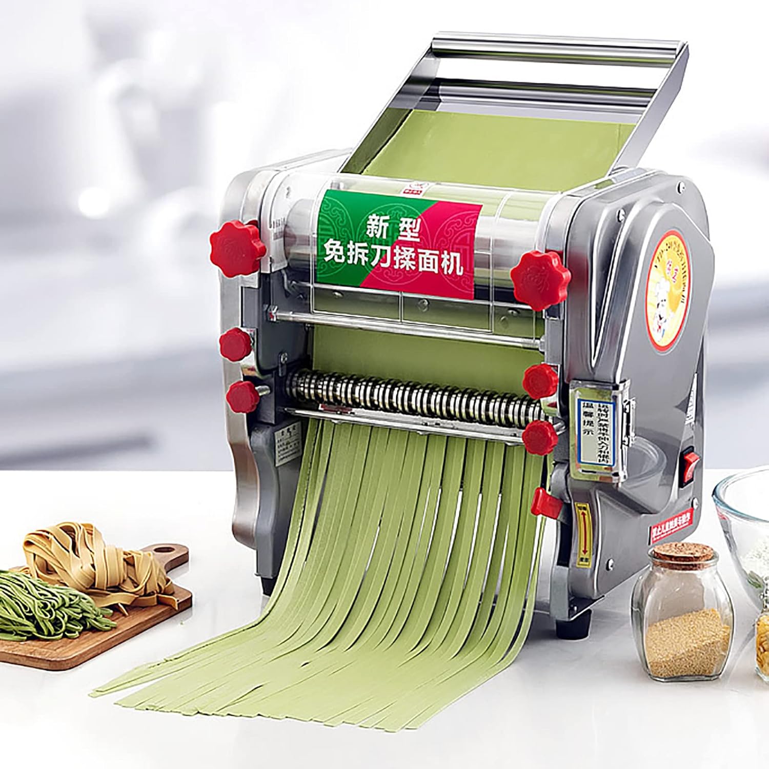 750W Electric Pasta Machine, Stainless Steel Kneading Machine, Household Noodle Machine, 0.12-20mm Thickness Adjustable, 3/9mm Flat Noodles, 1.5/1.8/2.5mm Round Noodles,E-Double