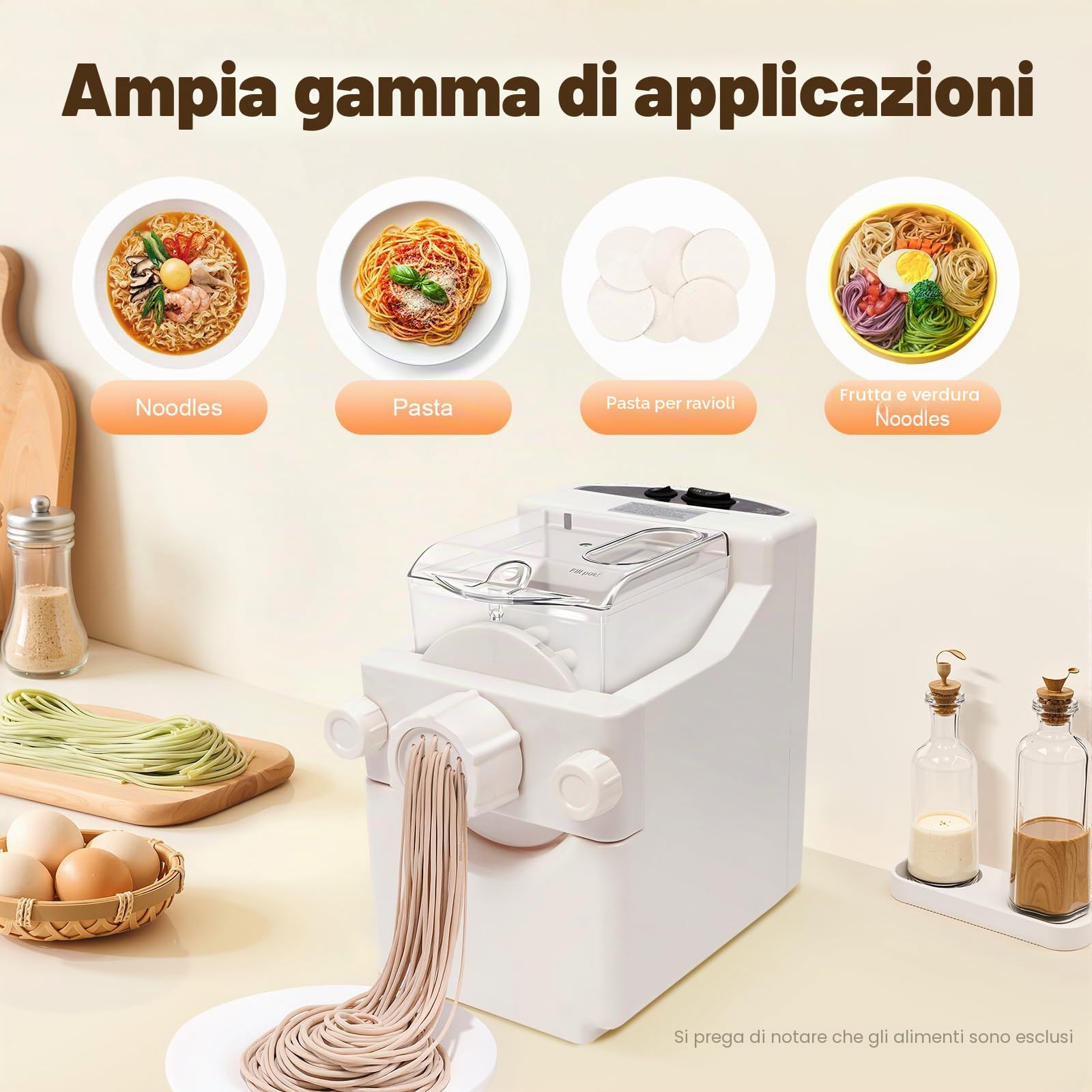 Macchina per la pasta, Pasta Maker Automatico con motore in rame, pasta fatta in casa in 12 minuti, 9 forme in acciaio inox, modalità retromarcia, pasta per verdure, clip di sicurezza, capacità 500g