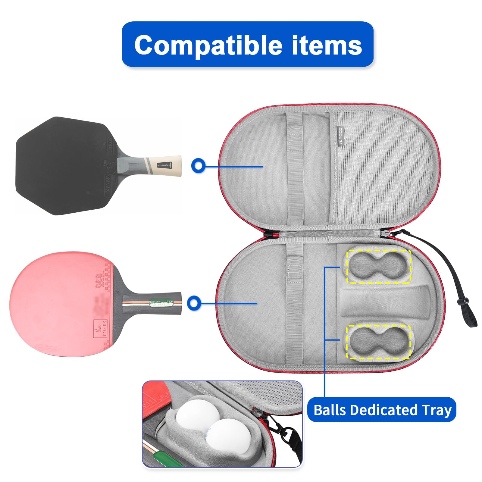 RLSOCO Custodia per racchette da ping pong e racchette da ping pong, adatta per 2 raie e 4 palline, colore nero (solo custodia)