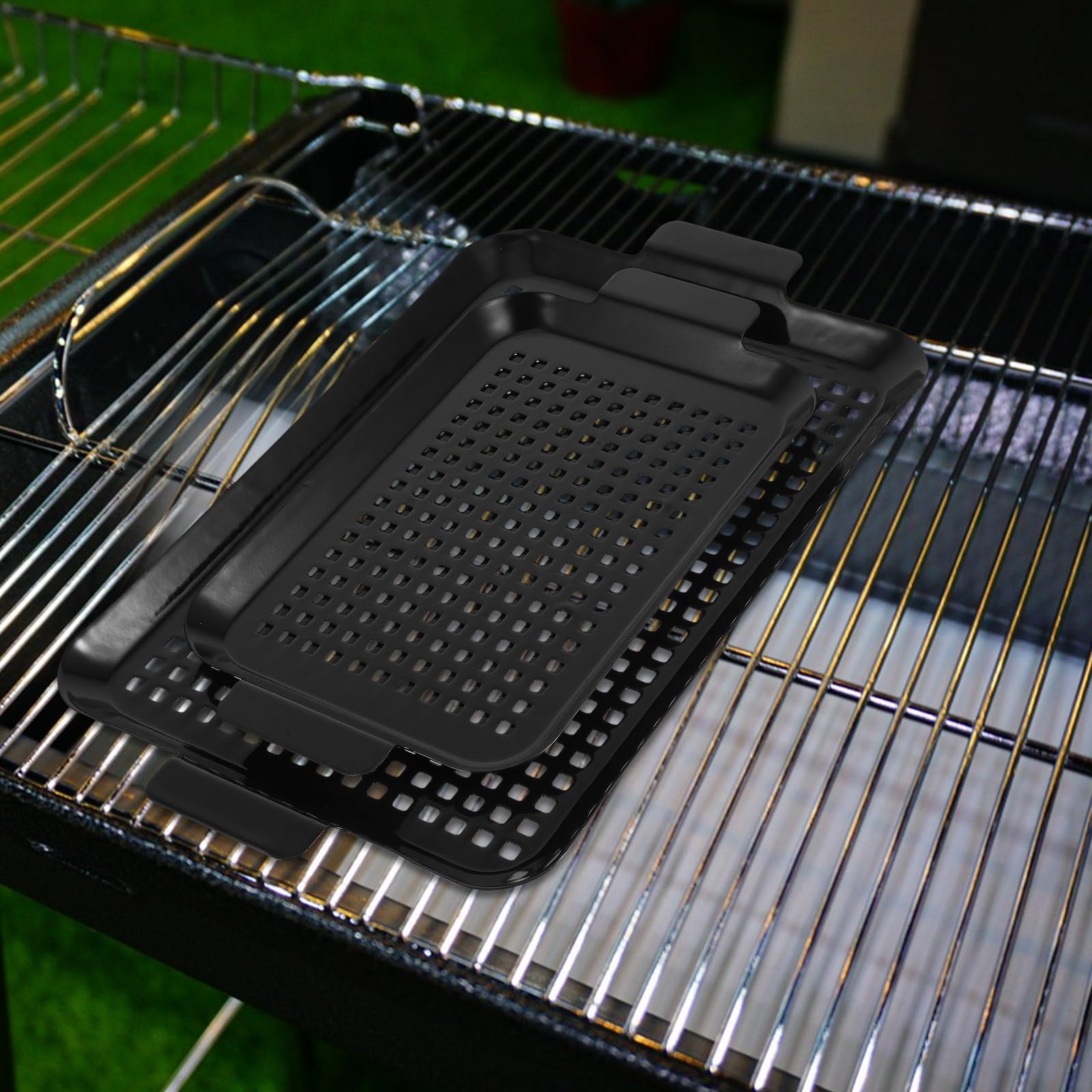 PACKOVE 2 Stück Antihaft Grillblech aus Edelstahl mit Perforiertem Design und Komfortablen Griffen Rechteckiges Backblech für Fleisch und Meeresfrüchte für Indoor und BBQ
