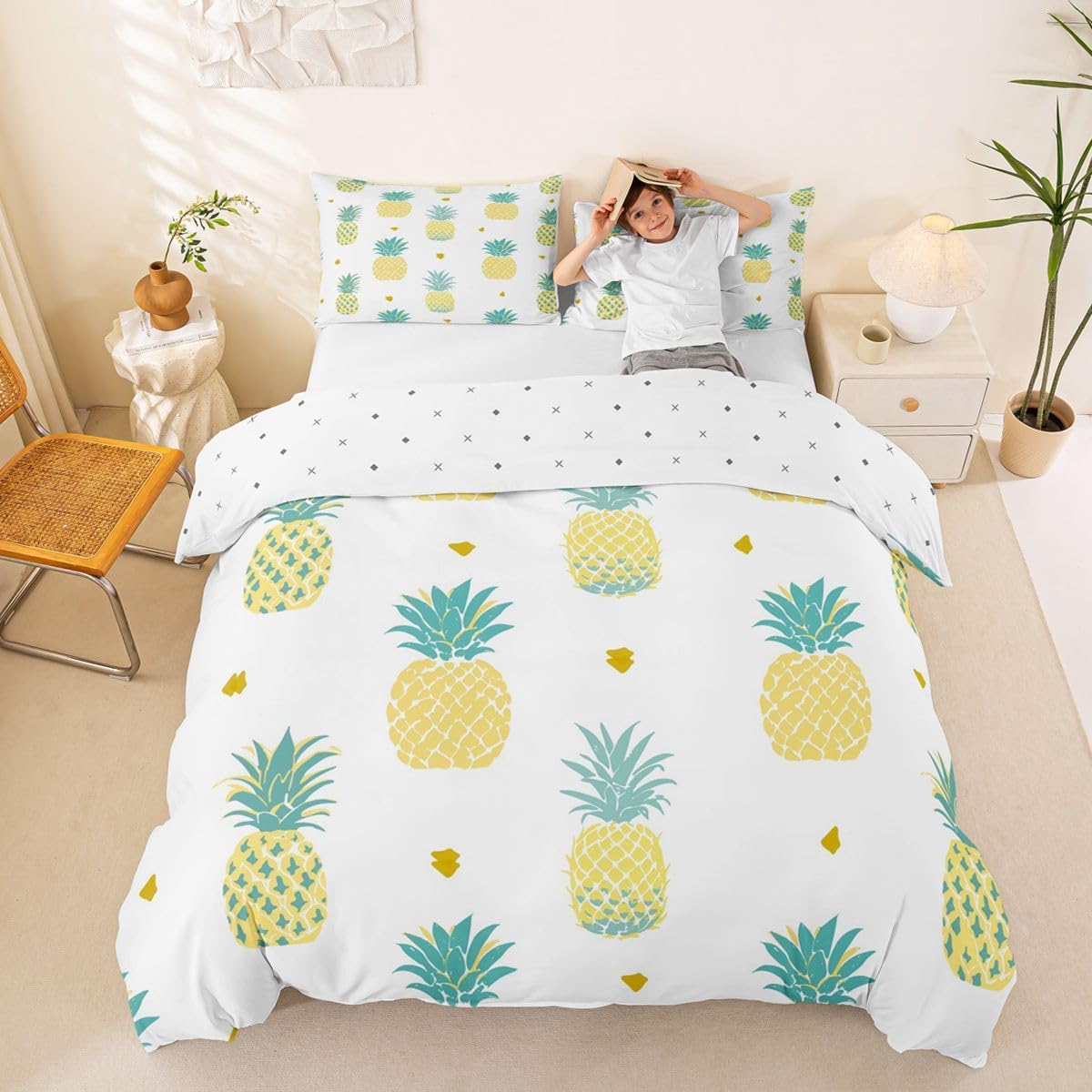 Pineapple Bedding Set for Girls Boys Kids Tropical Fruit Print Comforter Cover Set Fresh Pineapple Pattern Room Decorative Duvet Cover Cartoon Pineapple Bedspread Cover Queen Size 3Pcs Bedclothes