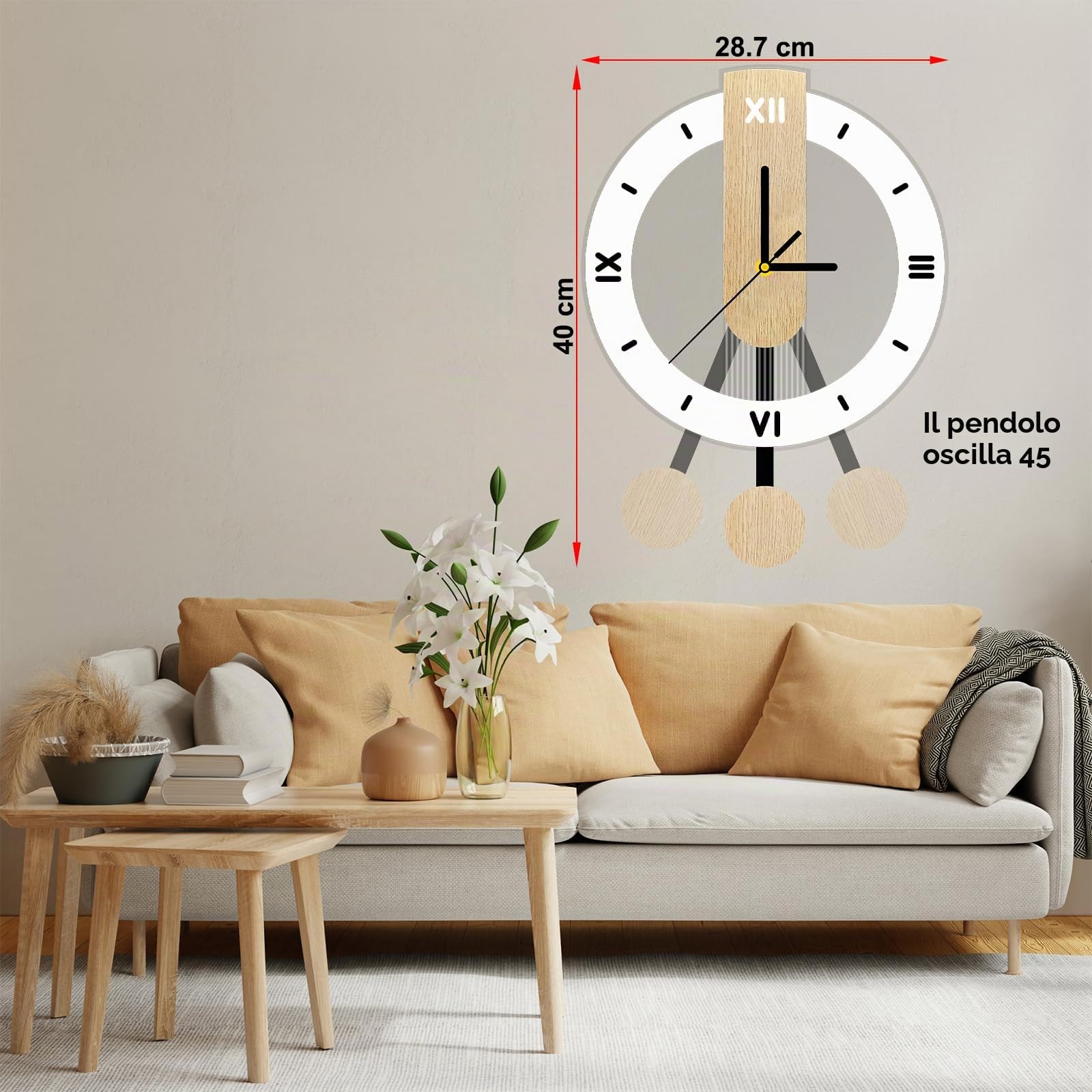 Orologio da Parete in acrilico e legno, Silenzioso, Senza Ticchettio, a Batteria, Numeri Romani Orologio Parete Moderno, per Soggiorno, Cucina, Bagno, Ufficio (28,5 * 39 cm)