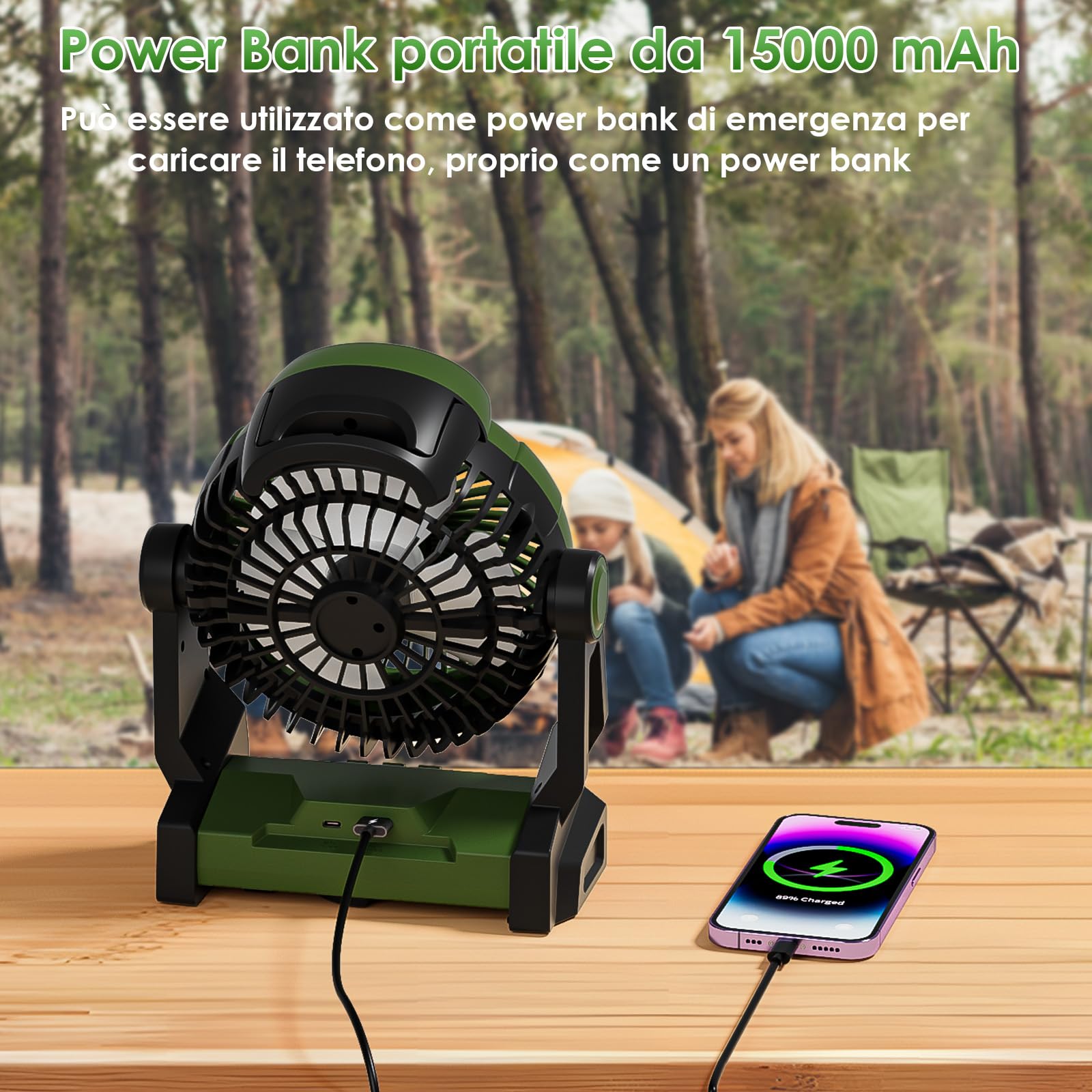 GuKKK 15000mAh Ventilatore da Campeggio con Luce LED, 3 Velocità Ventilatore Portatile con Gancio,Timer, Ventilatore Ricaricabile con Rotazione 270°, Ventola USB per Casa Esterno Campeggio Tende