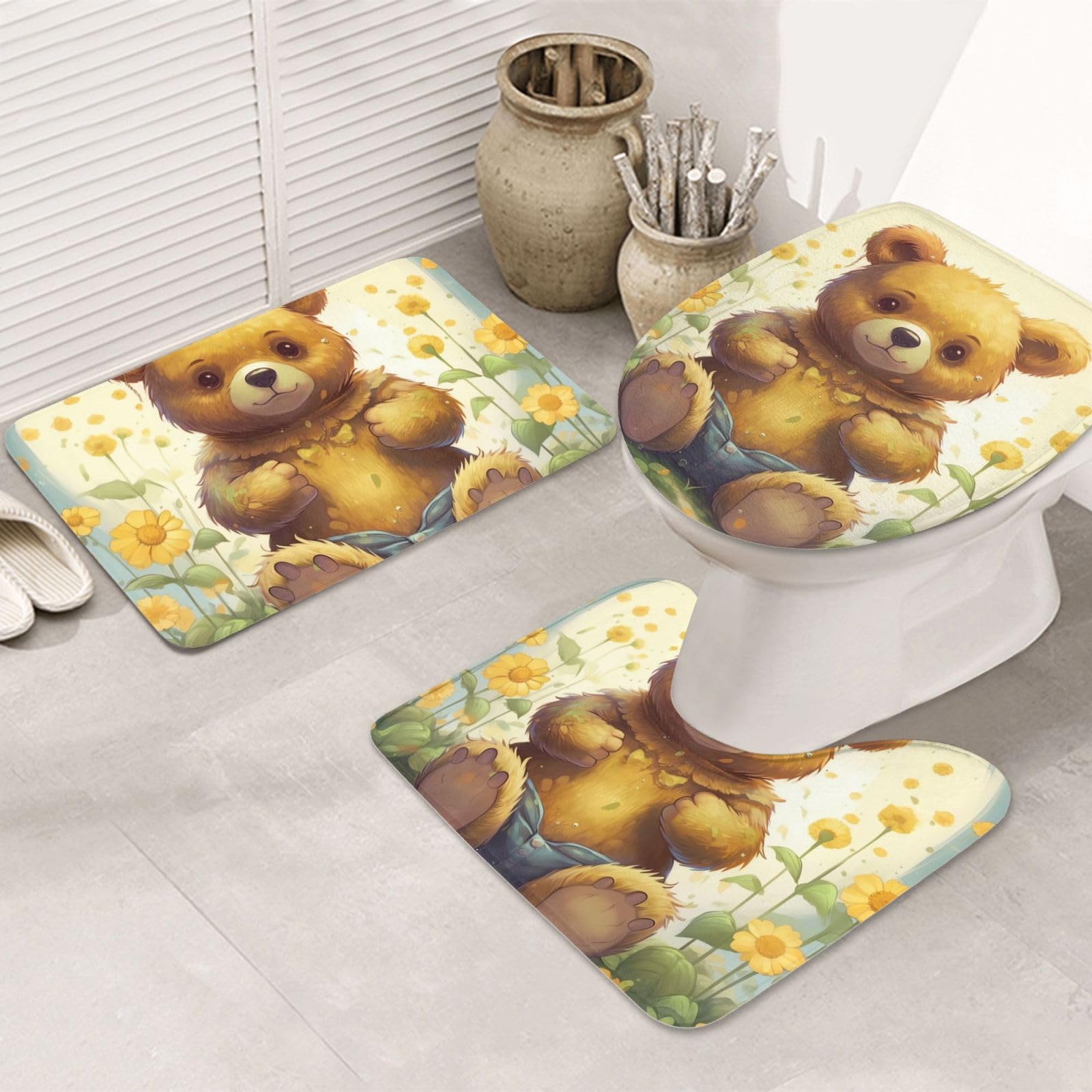 Tapis de salle de bain motif fleurs et ours avec contour U lavable en machine