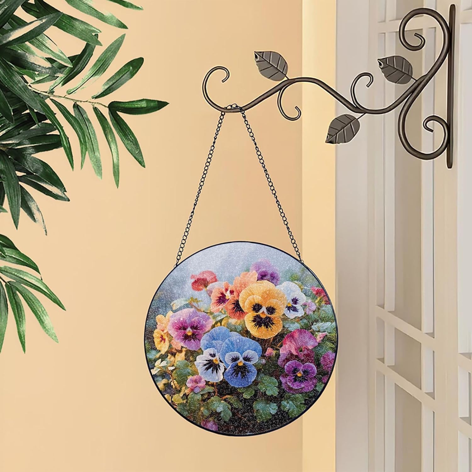 Stained Glass Window Hanging 6in（15cm）, Pansy Flowers Glass Suncatcher for Home Decor, Indoor Wall Art Glass Panel with Metal Chain and Hooks, Sun Catcher Ornament Birthday Gifts