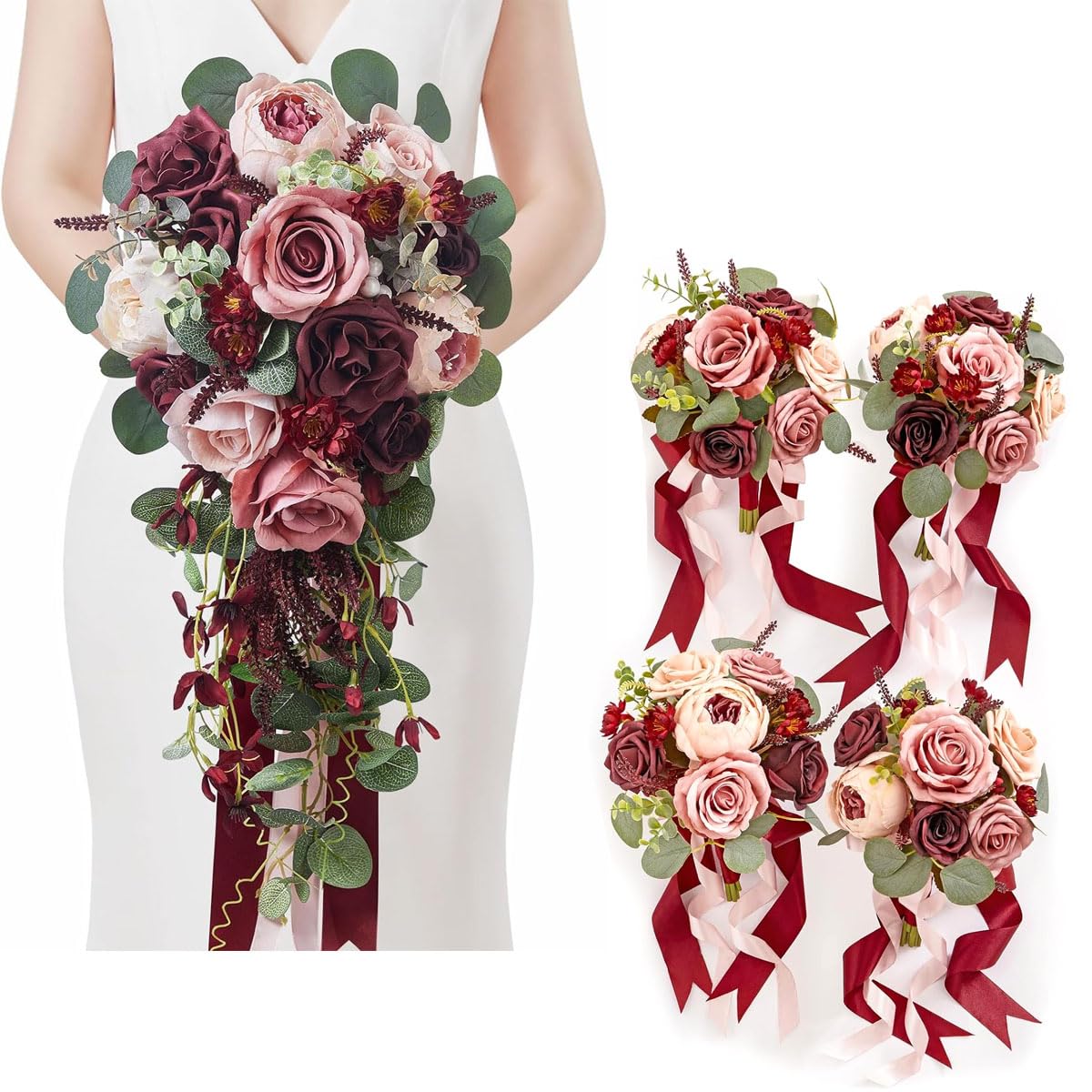 Serwalin Burgundy Pink Wedding Bouquets for Bride Bridesmaid
