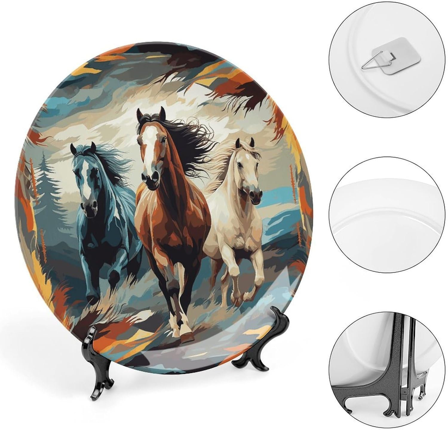 A Pattern with Horses As A Background Ceramic Plate 10inch Decorative Bone China Wall Hanging Ornament Plates Bohemian Style Dinner Plate with Display Stand Cabinet Display Plates for Home Art Decor
