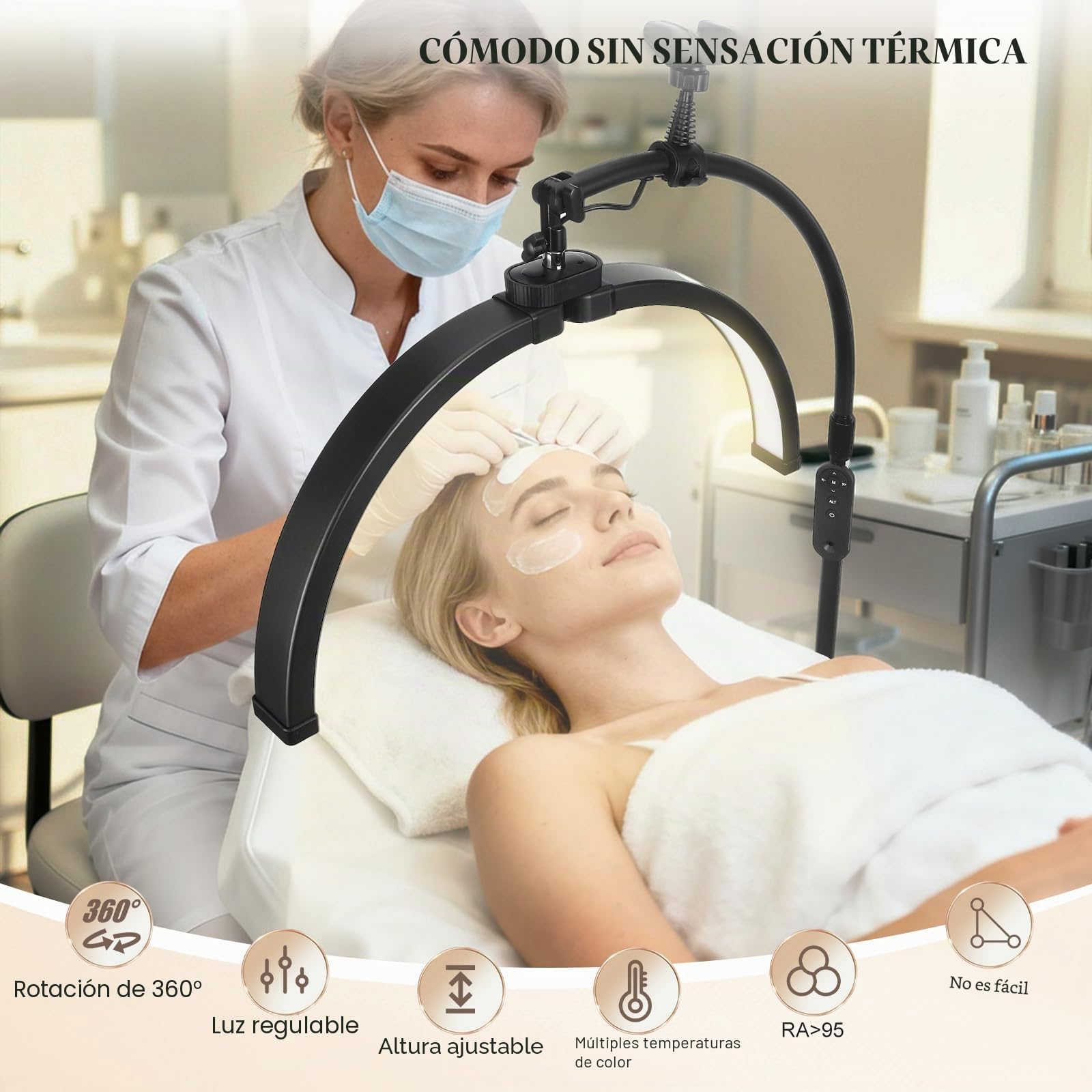 Lámpara LED cosmética de media luna Cabezal giratorio de 360° con 3 temperaturas de color Lámpara pestañas con altura ajustable y control remoto extensiones de pestañas, maquillaje, tatuajes, manicura