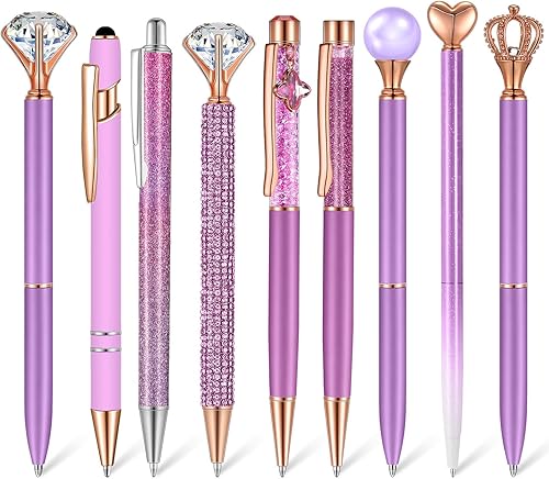 Miniatura 1 de Juego de 9 bolígrafos de metal con diamantes de cristal y purpurina para diario, tinta negra, bonitos bolígrafos elegantes, regalos para mujeres y