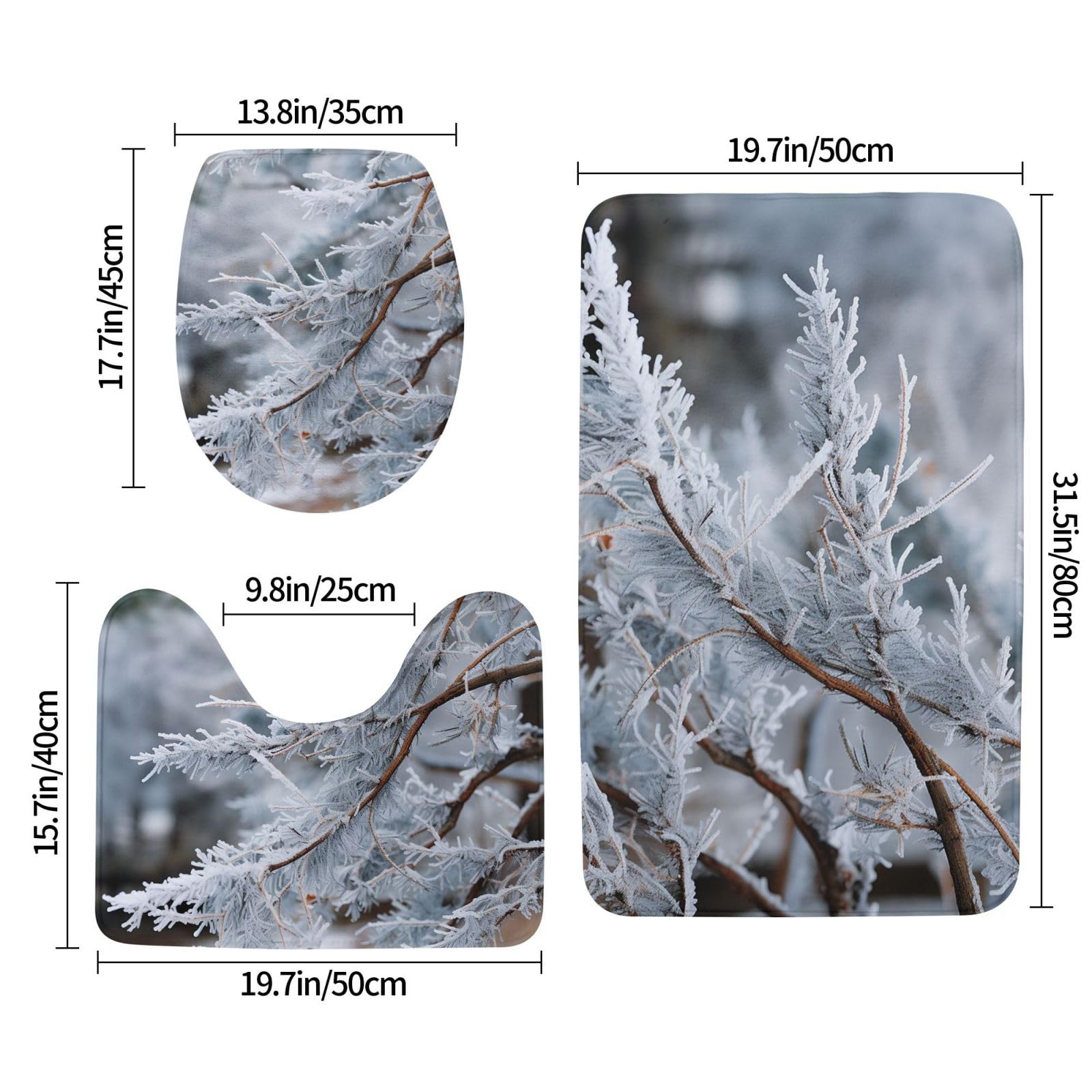 Set di 3 tappetini da bagno con motivo ramo coperto di neve, in flanella, morbido, antiscivolo, con coperchio, per decorare la casa