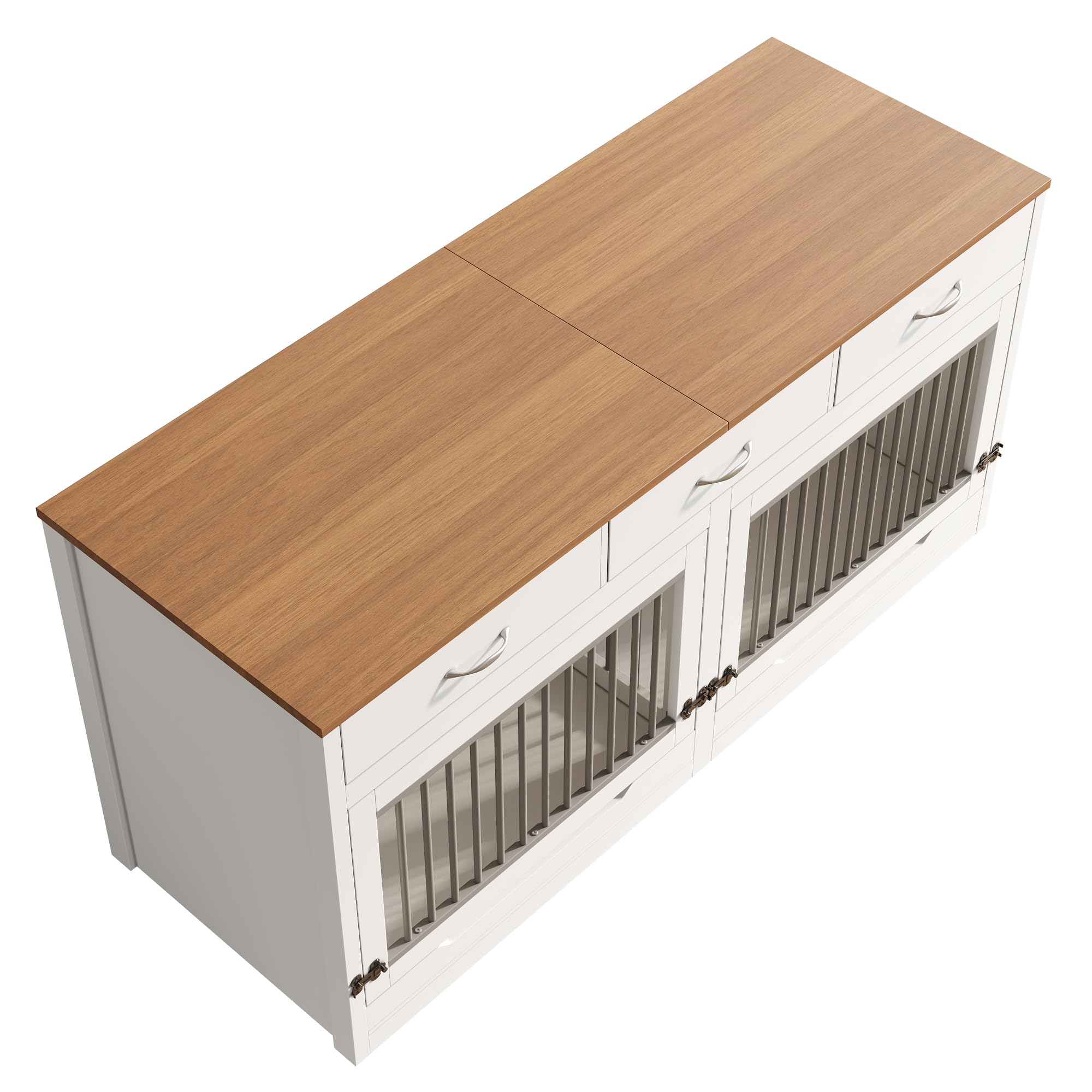 Gabbia per cani XXL, in legno e metallo, con 3 cassetti e 2 ante, cuccia interna per cani, per la casa, coperchio pieghevole, divisorio rimovibile (bianco + effetto legno)