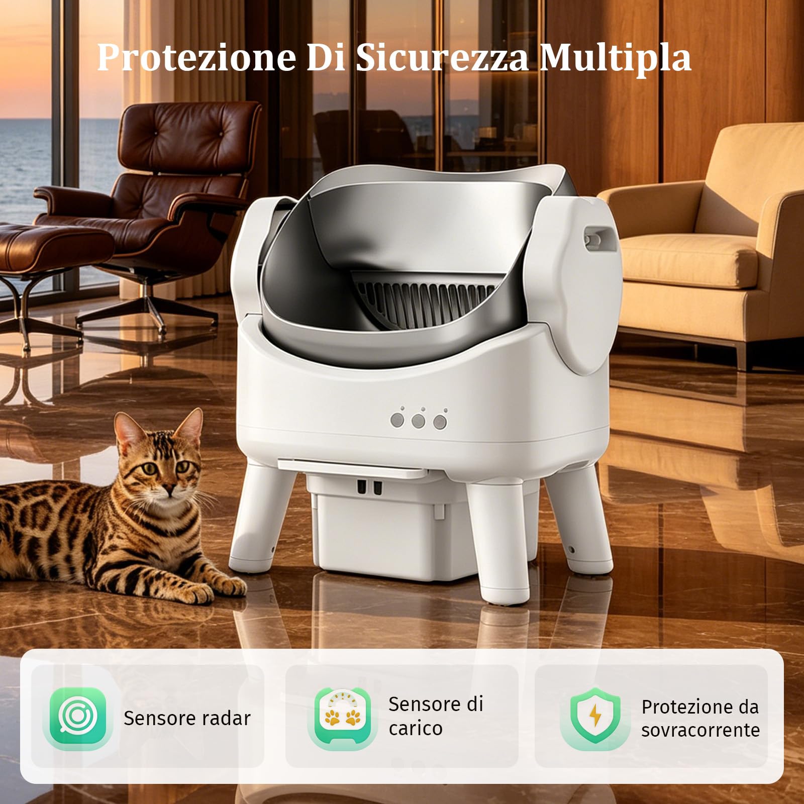 Lettiera Per Gatti Autopulente | lettiera automatica | Vassoio in Acciaio Inox | Con Controllo Degli Odori | 4 Sensori Di Sicurezza | Controllo Tramite App | Extra Large | Facile Da Pulire