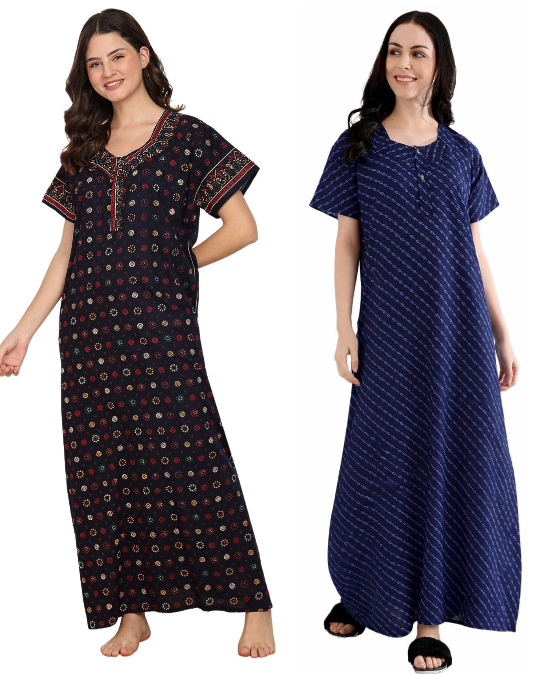 Women Cotton Nighty Combo Pack of 2 Free Size Printed Maxi Night Dress Soft Breathable Cotton Nightgown Short Sleeve Sleepwear House Dress for Women-image-41