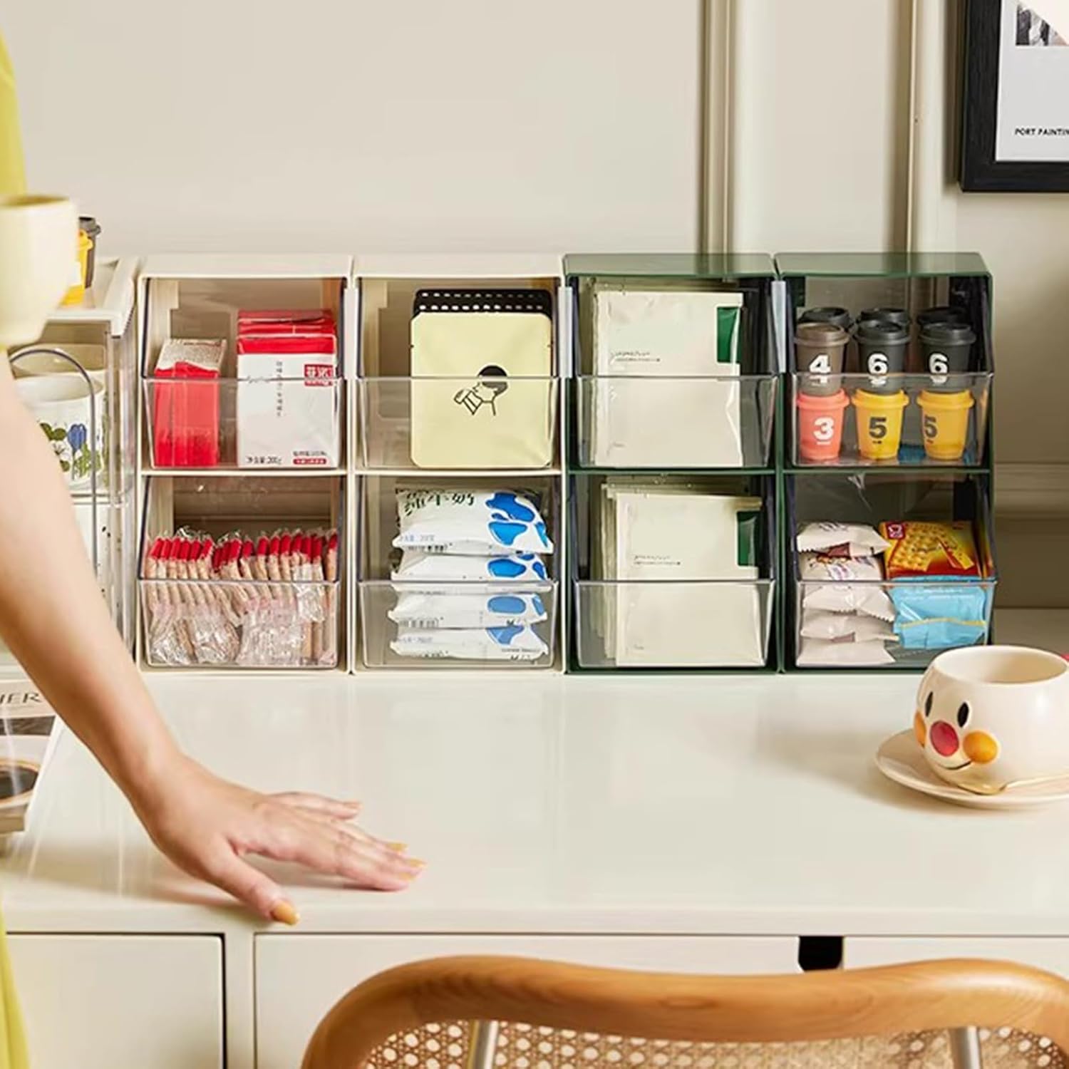 Coffee Station Organizer for Countertop, Coffee Bar Organizer with Removable Dividers for Pods, Syrup, Cups, Stirrer, Tea - Office Coffee Bar Accessories,Green