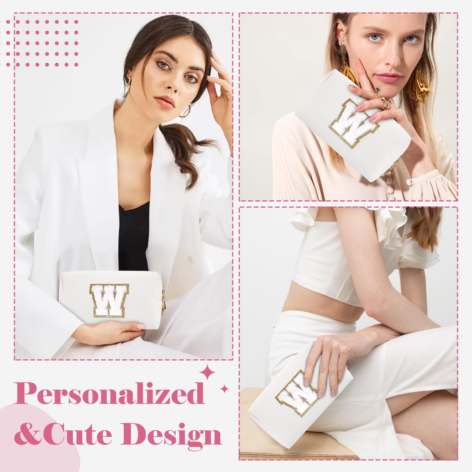 Personalisierte A-Z Kosmetiktasche, Kleine Reisetasche mit Reißverschluss, Süße weiße Kulturbeutel, Geschenk für Mädchen und Frauen Geburtstag, Weißer, weißer Buchstabe, W, modisch