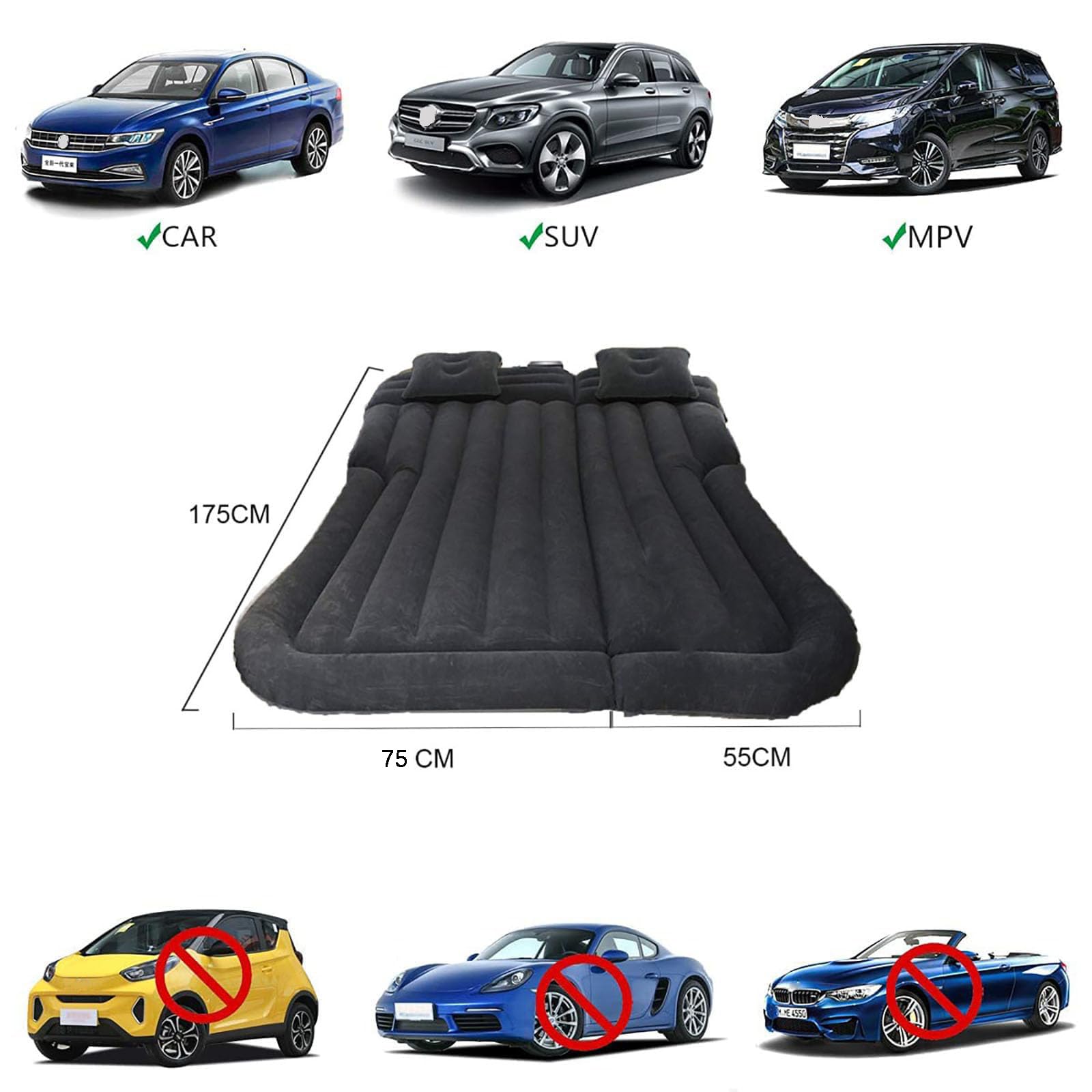Automatras Opblaasbaar Matras voor Renault Kangoo (ab Bj.2008 Facelift),Opblaasbaar Bed Verdikt en Dubbelzijdig Gevlokt Auto-Luchtmatras SUV MPV