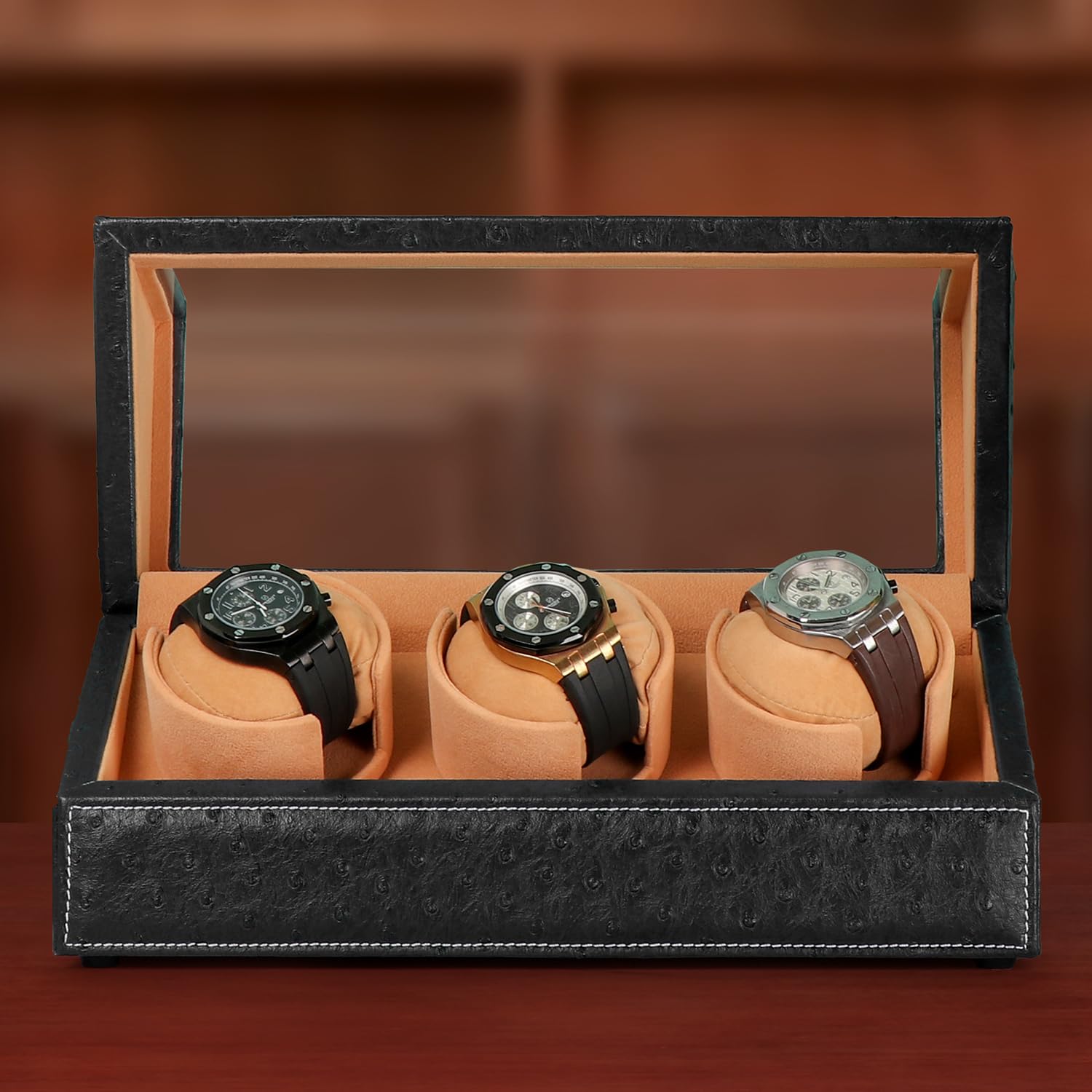 Caricatore automatico per orologi Rolex e altri orologi di lusso, carica automatica con motore silenzioso, esterno in pelle di struzzo nera di alta qualità e morbidi cuscini flessibili in