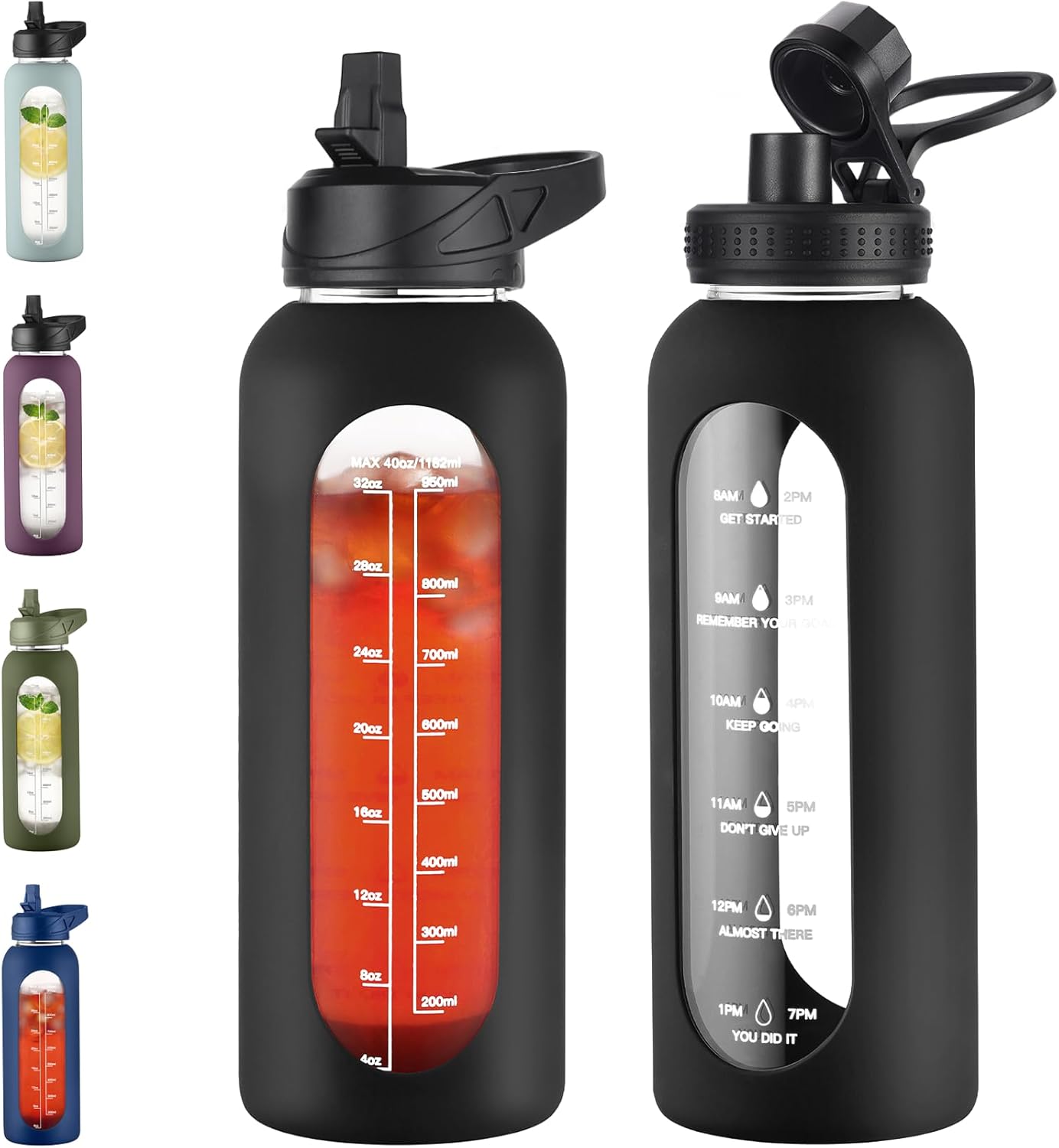 40 oz Glass Water Bottle With Straw and Handle, Sports Motivational Water Jug Flask with Silicone Sleeve, Large Water Cup with Time Marker for Travel, Gym, Black