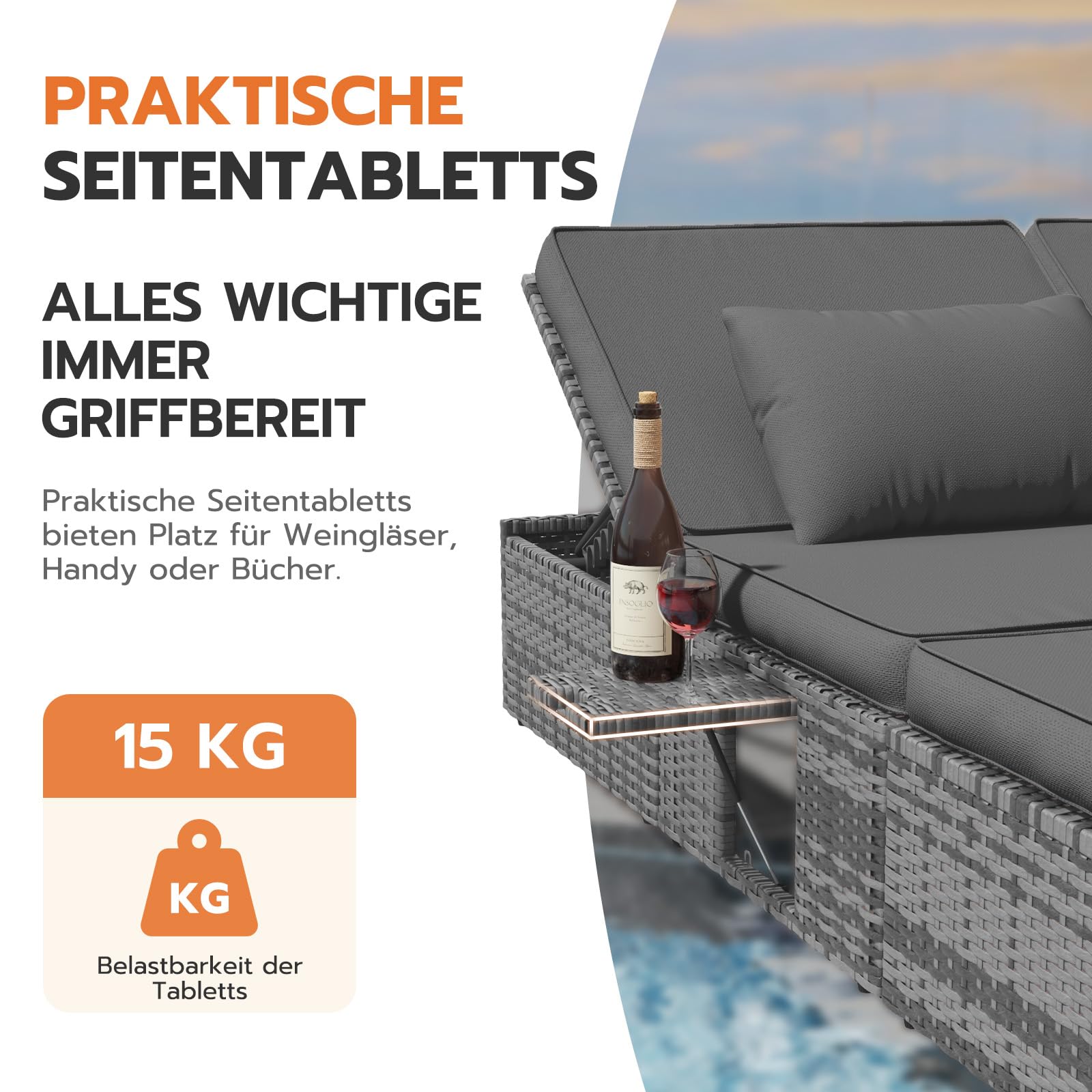 Amopatio Sonnenliege 2 Personen mit Klapptisch, XXL Wetterfest Gartenliege 200kg Belastbar, 200x160x30cm Rattan Doppelliege Gartenlounge Liegestuhl Verstellbar für Garten, Balkon & Terrasse, Grey