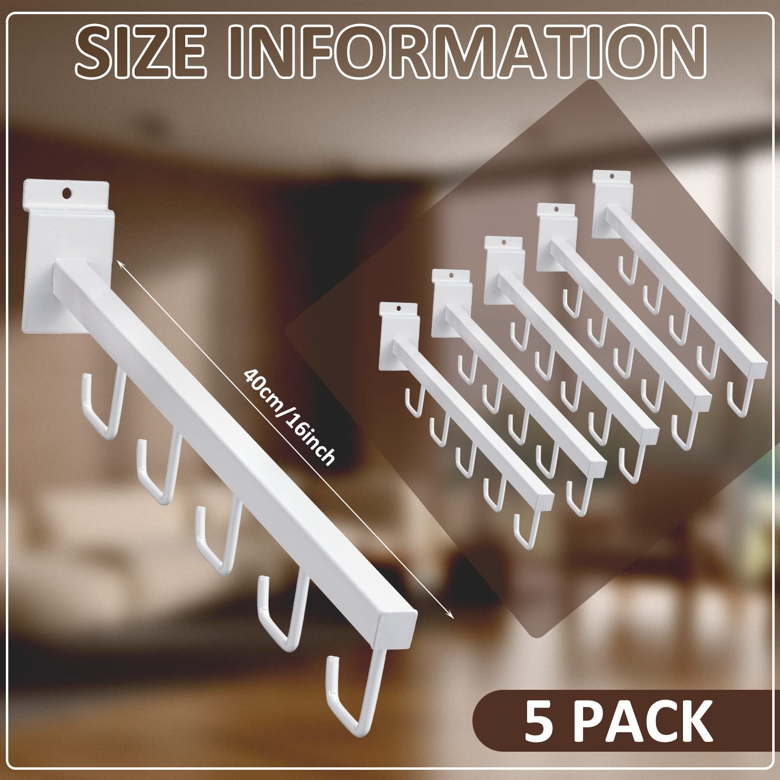 Tatuo 5 Pack Slatwall Waterfall Faceout with 5 Hooks Slatwall Waterfall Rectangular Tube 5 Hook White Slatwall Hooks Slat Wall Hanging Hooks 5 J Hook Waterfall Faceout for Wire Grid and Grid Wall
