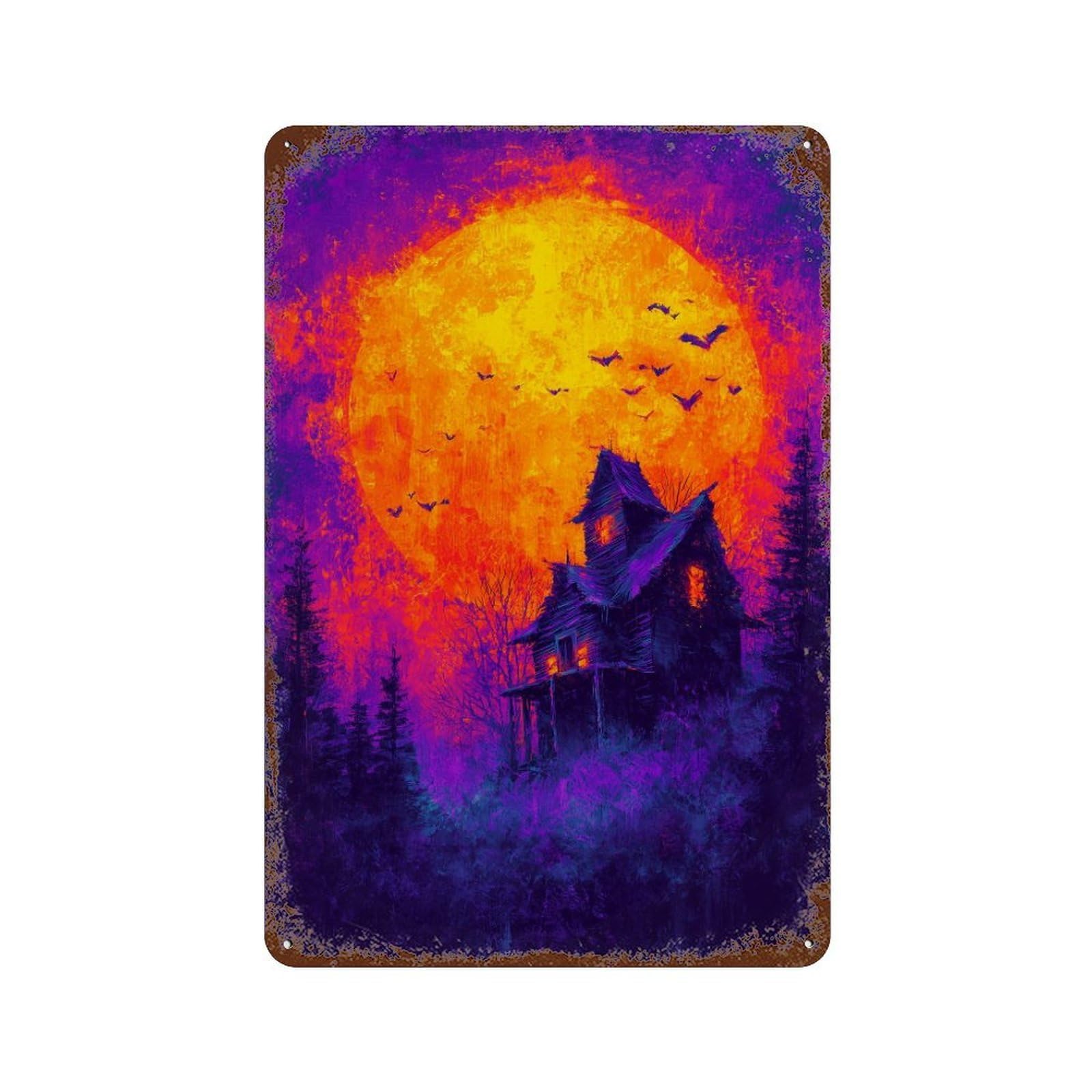 Garage Style Spooky Haunted House Scene-1 Weathered Tin Sign 11.8"x7.9", Farmhouse Wall Decor for Bar And Workshop